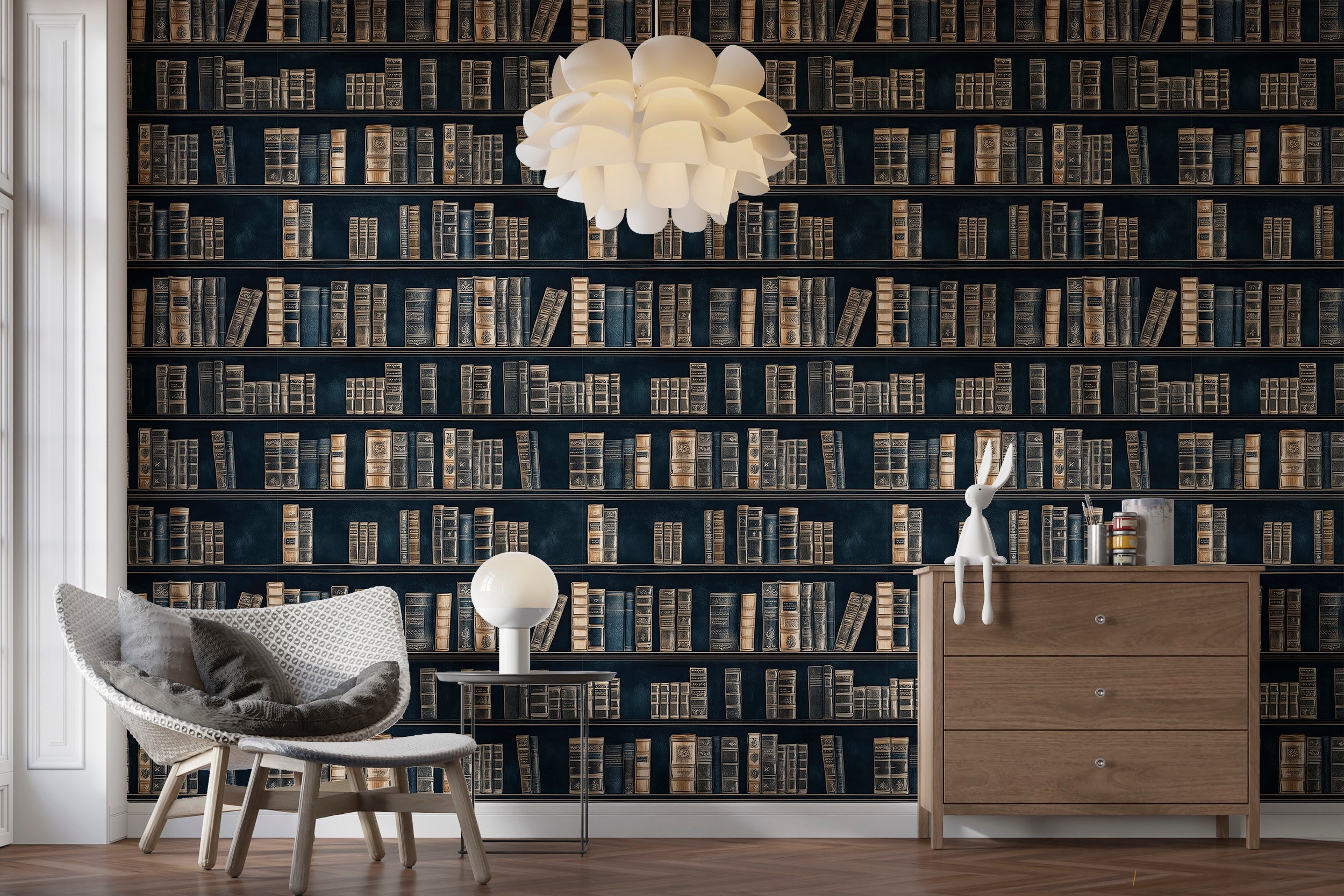 Dark blue bookshelf wallpaper for intellectual interiors
Peel and stick wallpaper with book pattern for vintage style