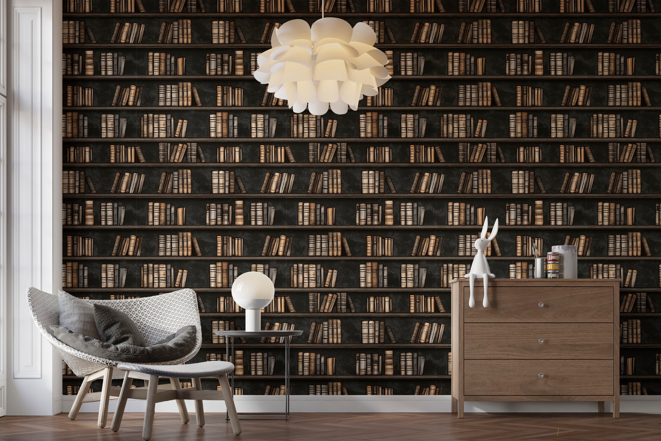 Dark grey peel and stick wallpaper for libraries and studies
Bookshelf design wallpaper for vintage academic interiors