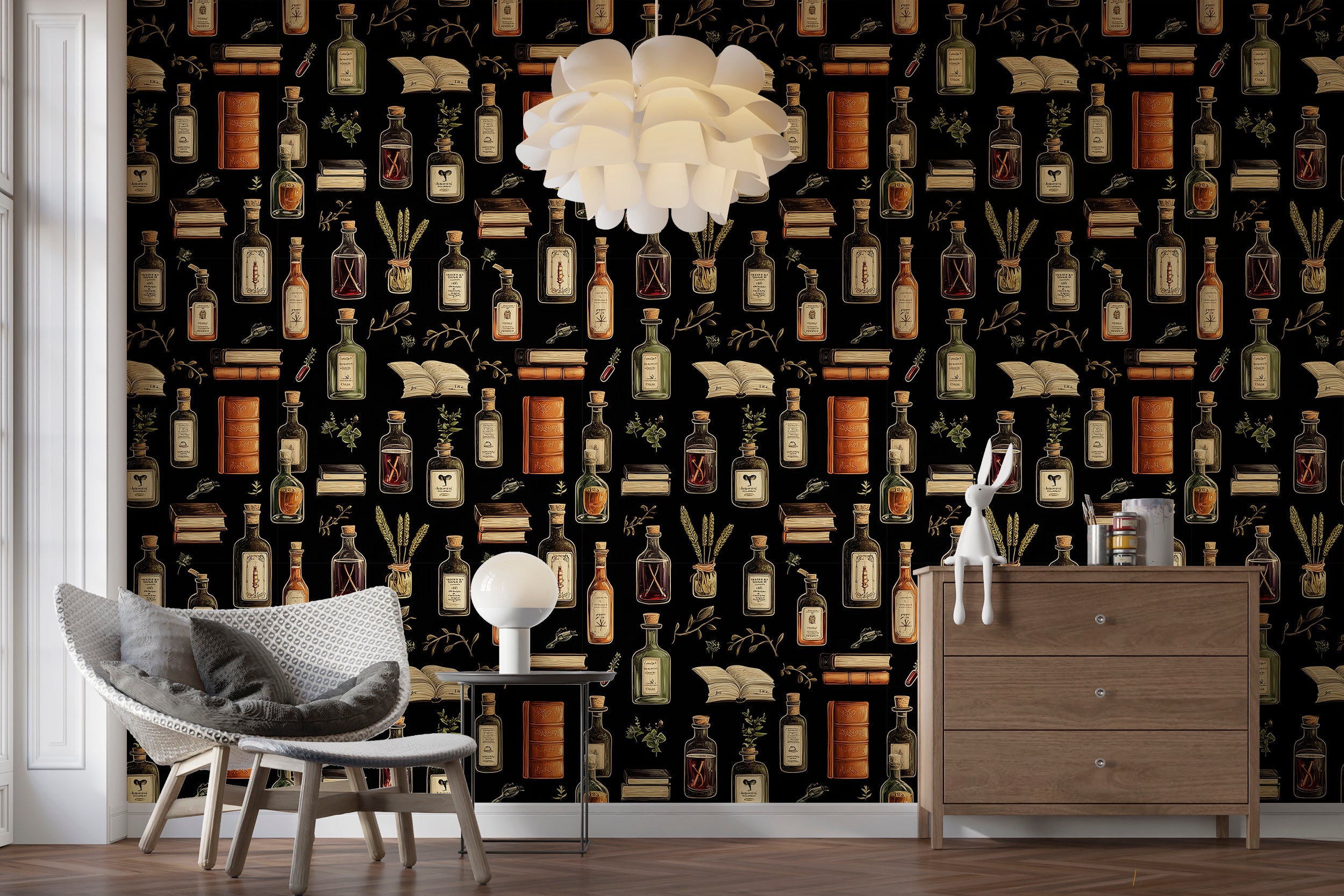 Black alchemy wallpaper with bottles and books design
Peel and stick Dark Academy wallpaper for magical decor