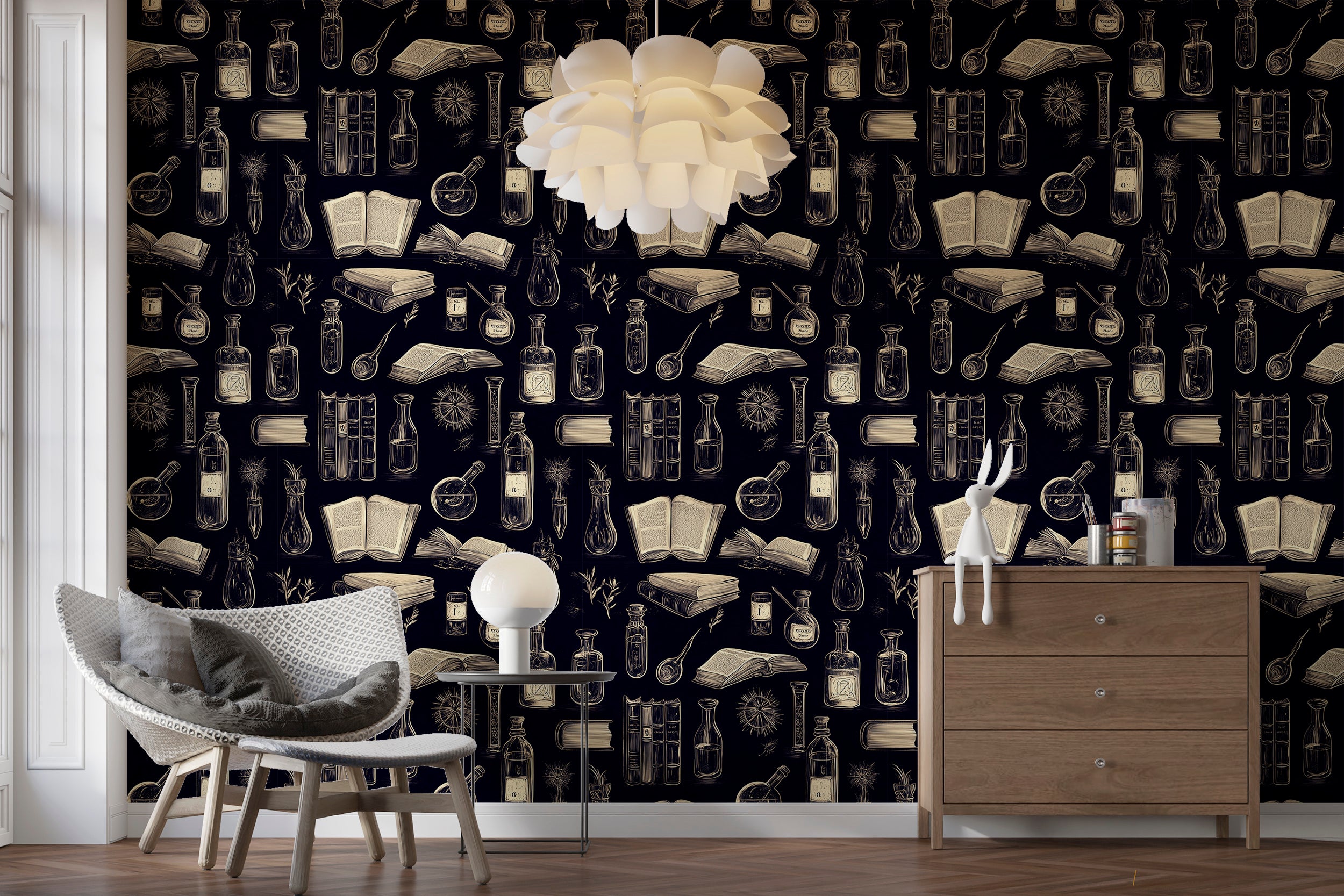 Black alchemy wallpaper for creating a mysterious atmosphere
Easy-to-remove chemistry wallpaper for home offices