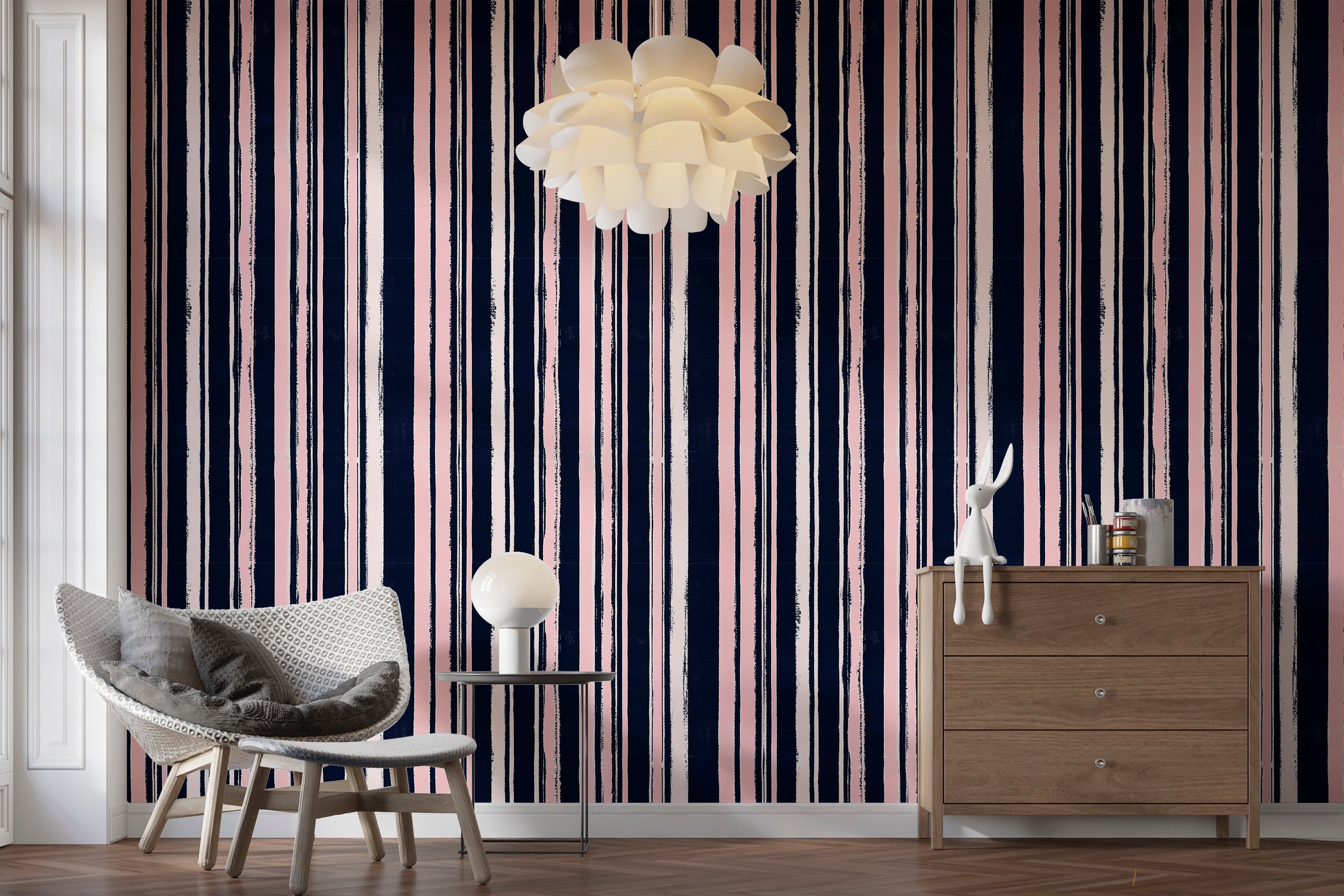 Dark blue and pink striped wallpaper for classic decor
Peel and stick vertical stripes wallpaper for vintage style