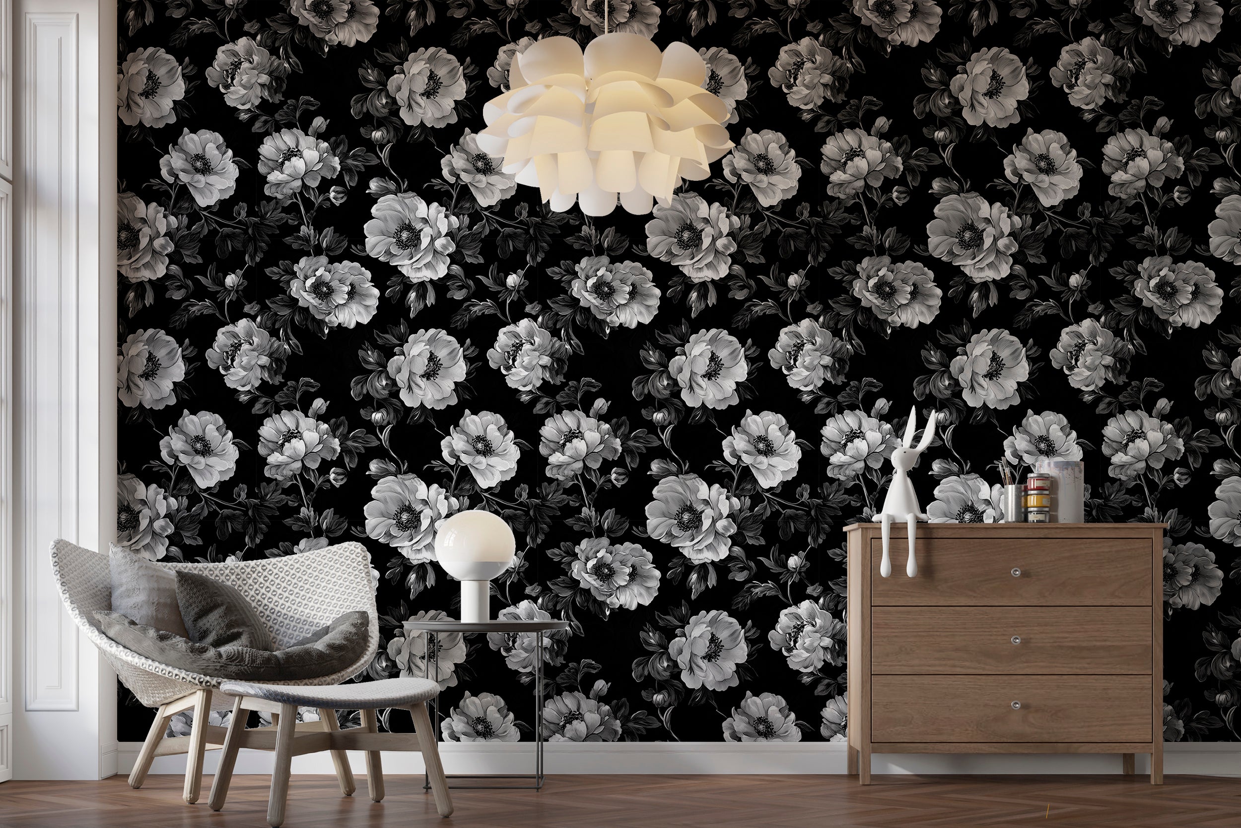 Vintage floral wallpaper with bold black and white design
Peel and stick floral wallpaper for timeless decor