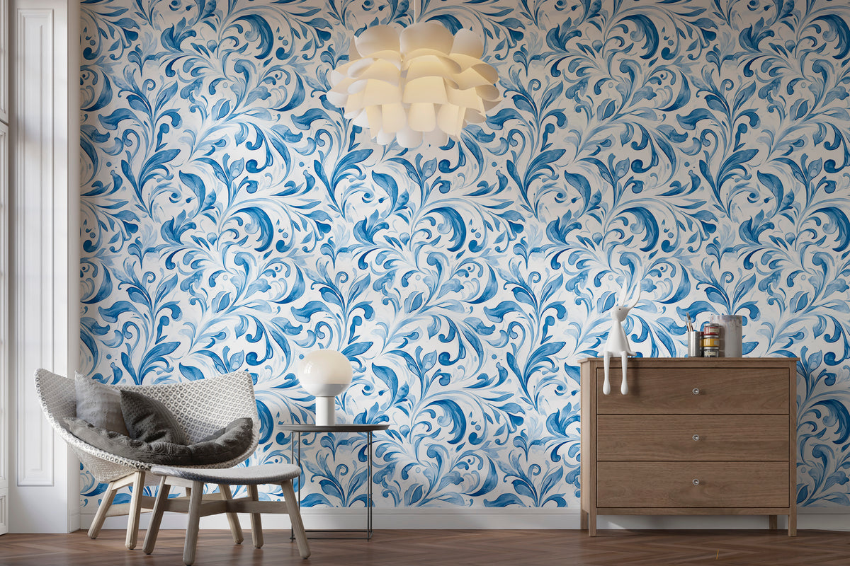 Watercolor Blue and White Abstract Leaves Wallpaper - Filigree Pattern