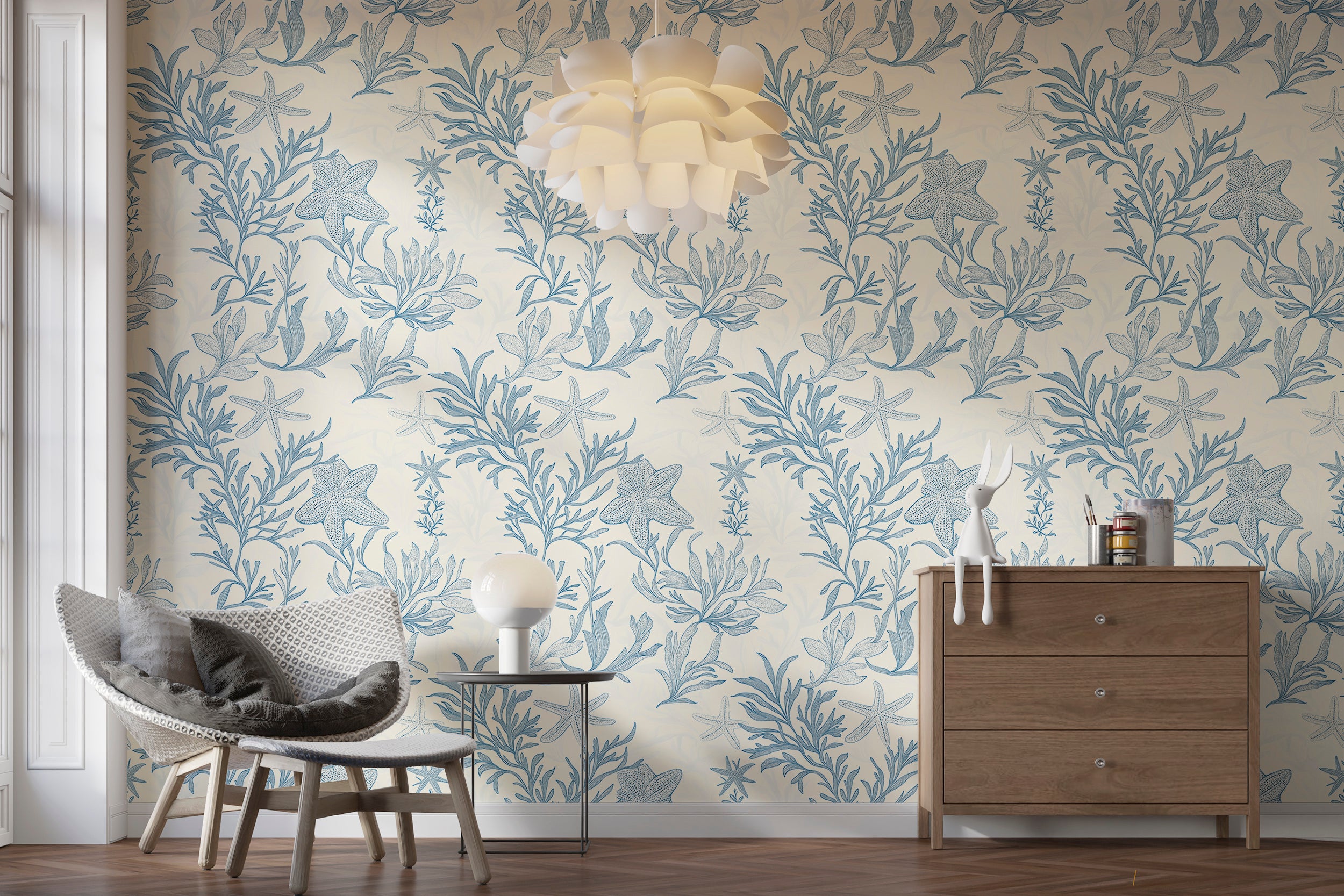 Soft blue underwater wallpaper for children's bedrooms
Peel and stick underwater life wall art for baby rooms