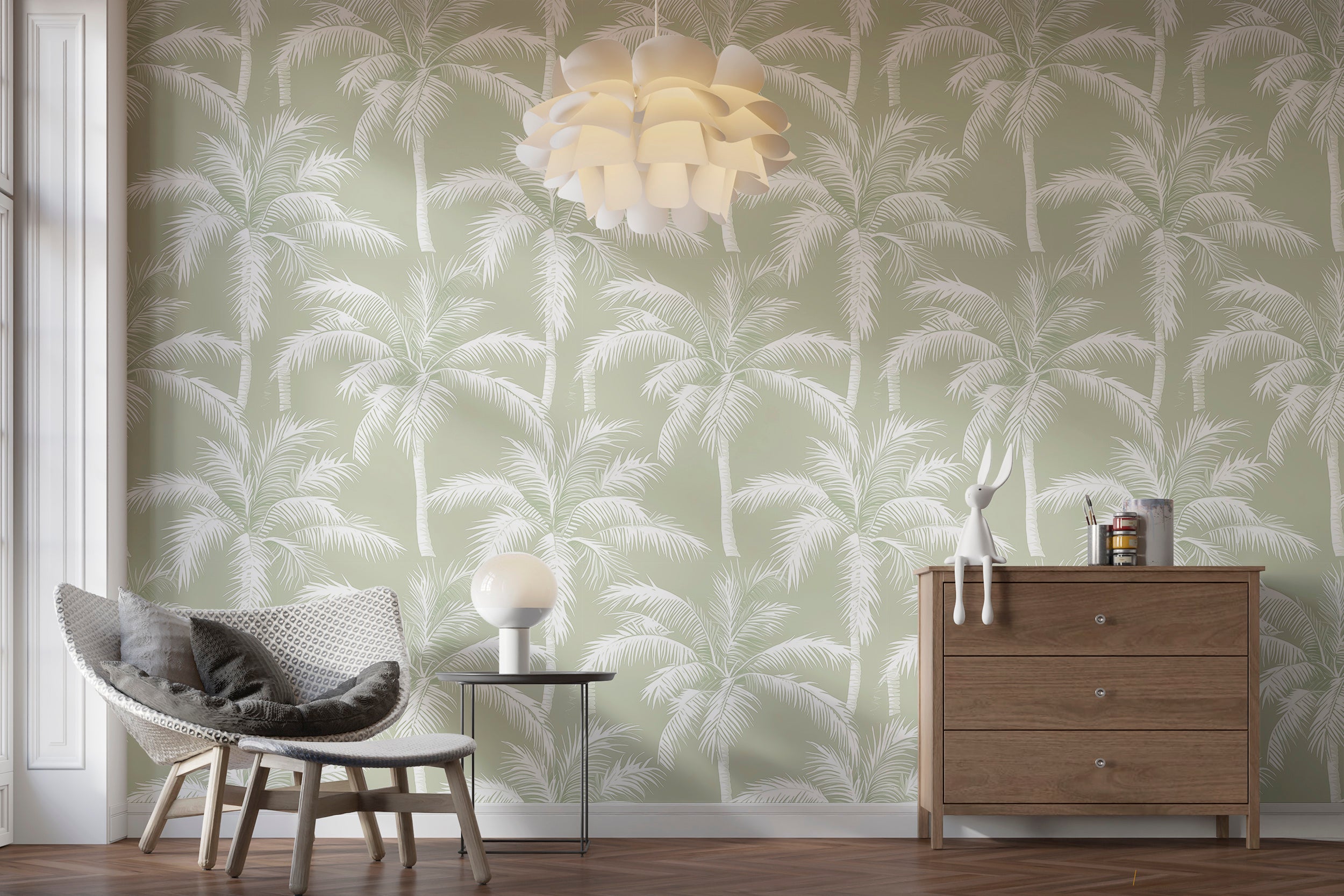 Jungle-inspired wall decor with palm trees in white and green
Palm tree wallpaper for summer-inspired home decoration