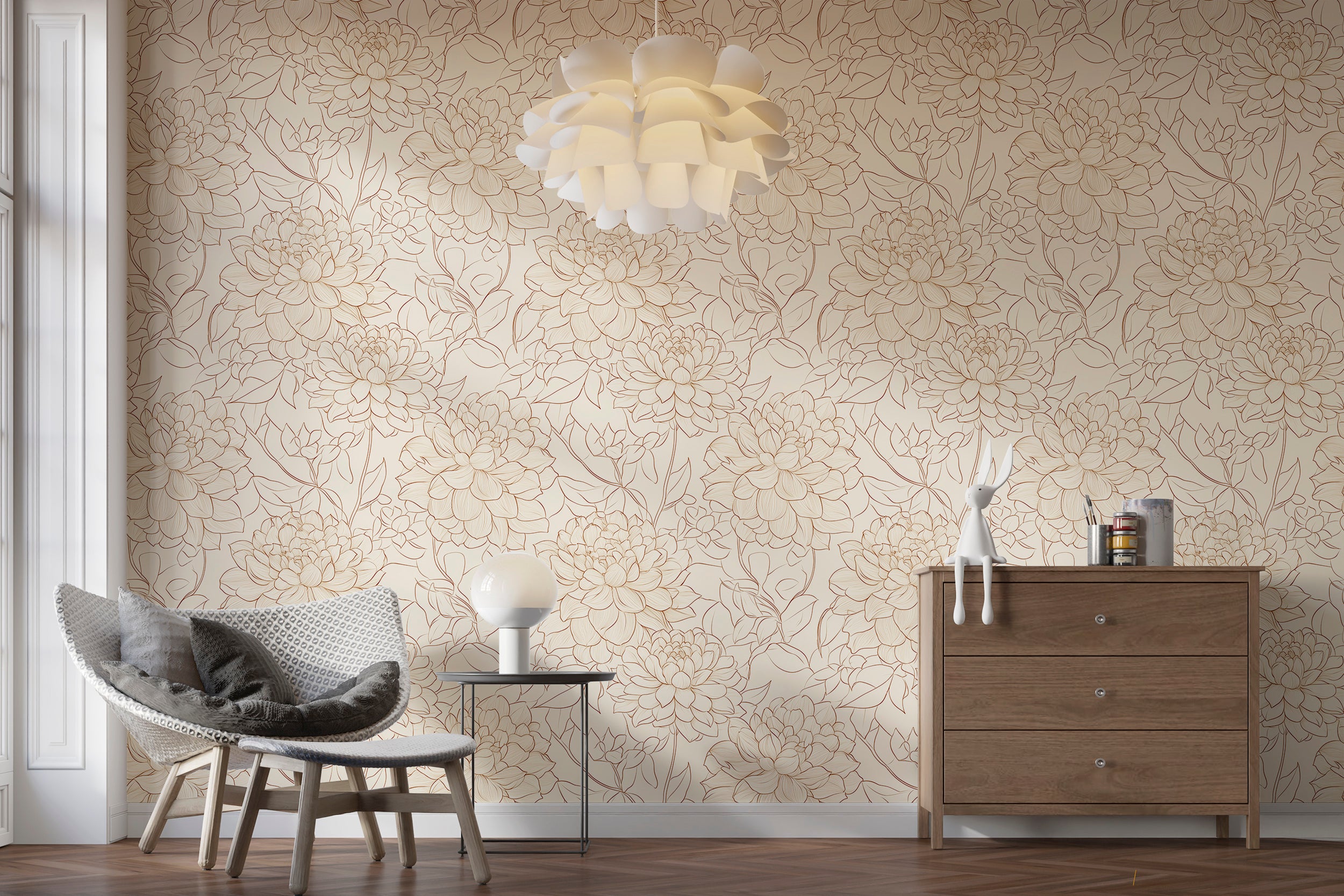 Easy-to-remove floral wallpaper with peony design
Beige wall decor with outline peony flowers for living rooms