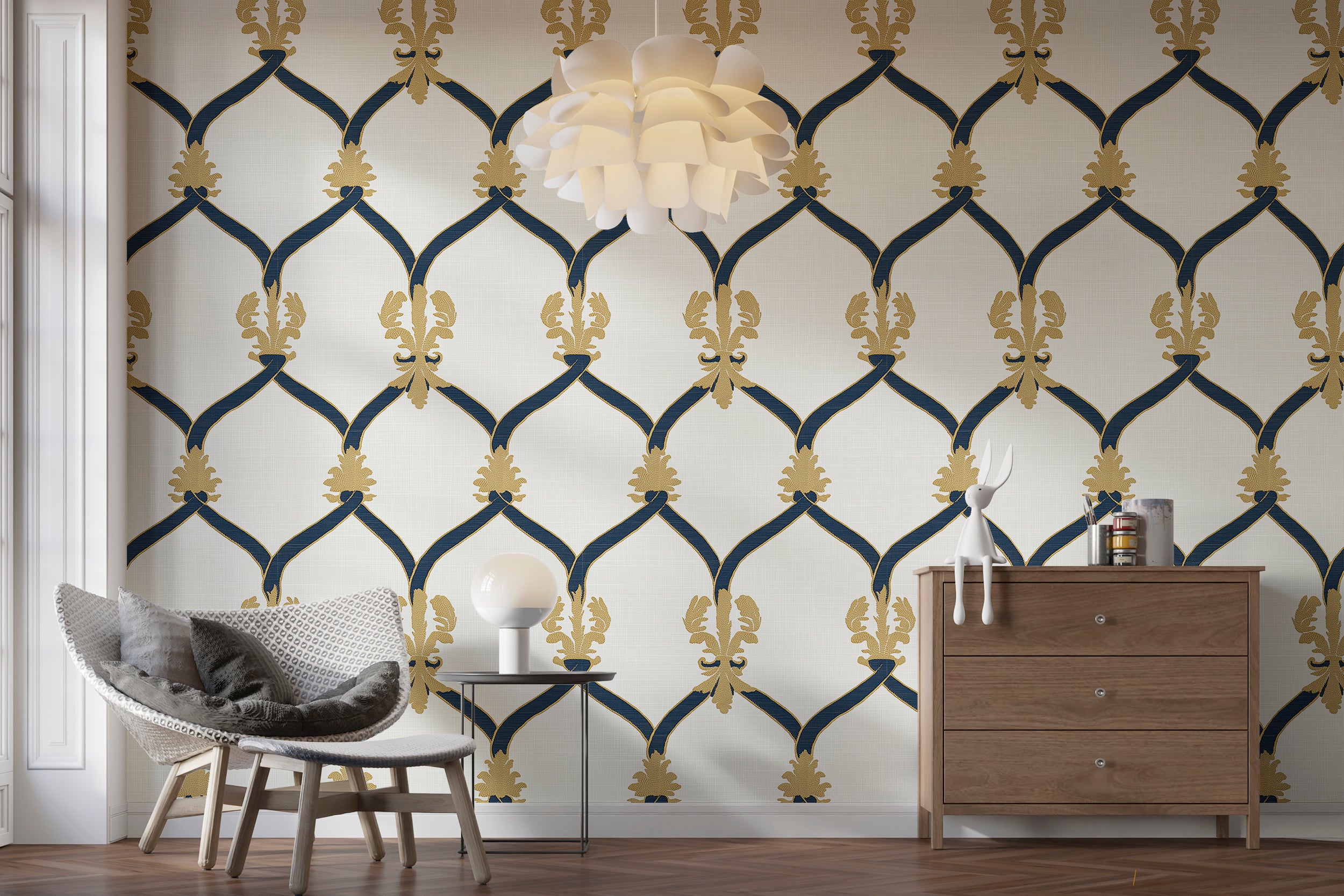 Victorian classic wallpaper with blue and gold pattern
Peel and stick traditional blue and gold wallpaper for luxury decor