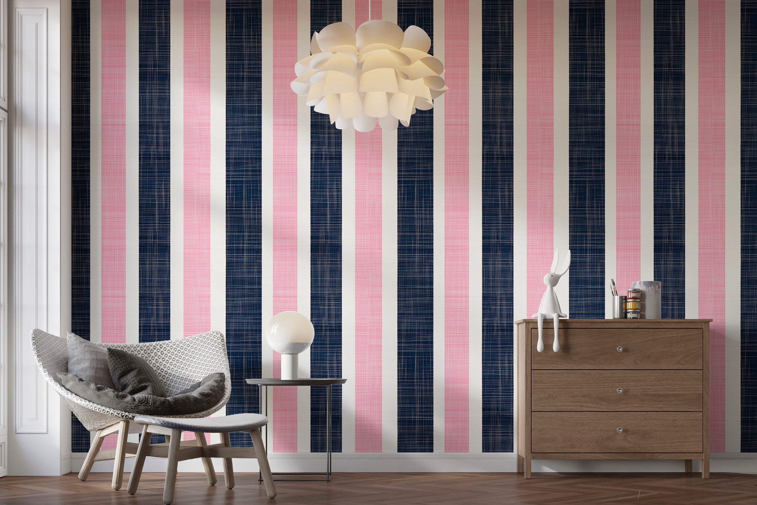 Easy-to-remove striped wallpaper with pink and navy design
Peel and stick wallpaper for modern and playful spaces