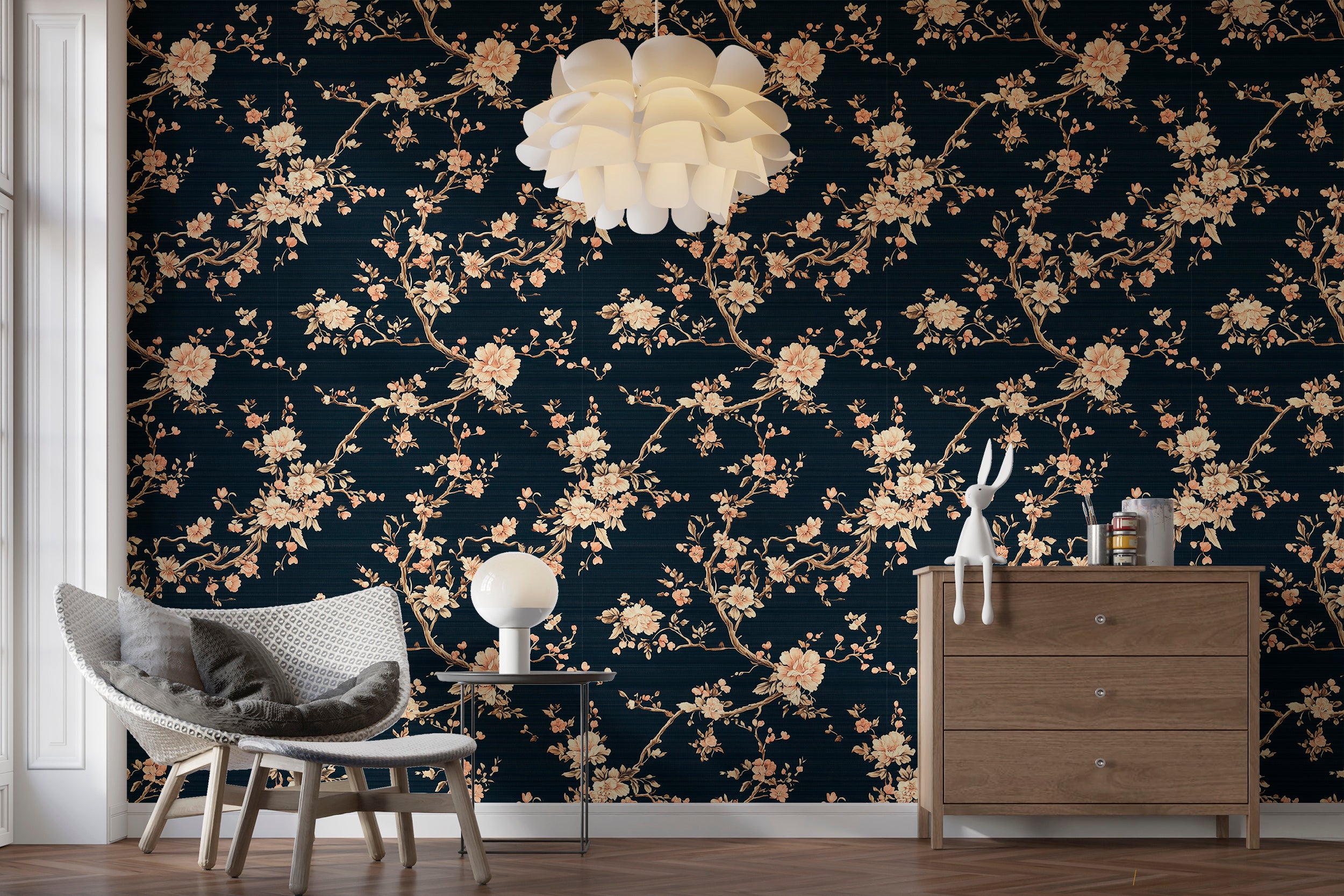 Botanical gold branches wallpaper for timeless luxury
Peel and stick dark navy wallpaper with golden flower branches