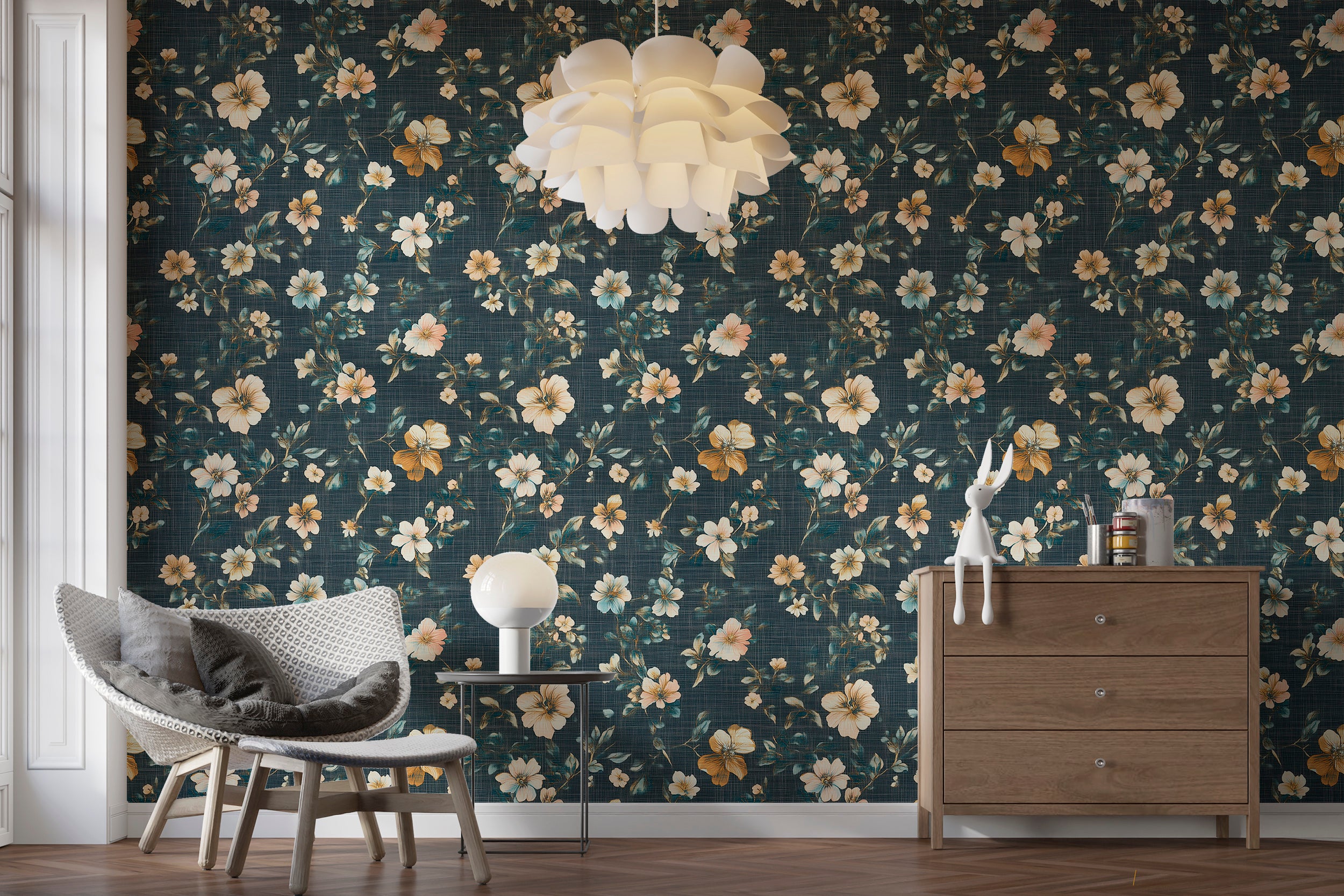 Easy-to-remove floral wallpaper for living rooms and studies
Soft blue flower wallpaper for timeless home interiors