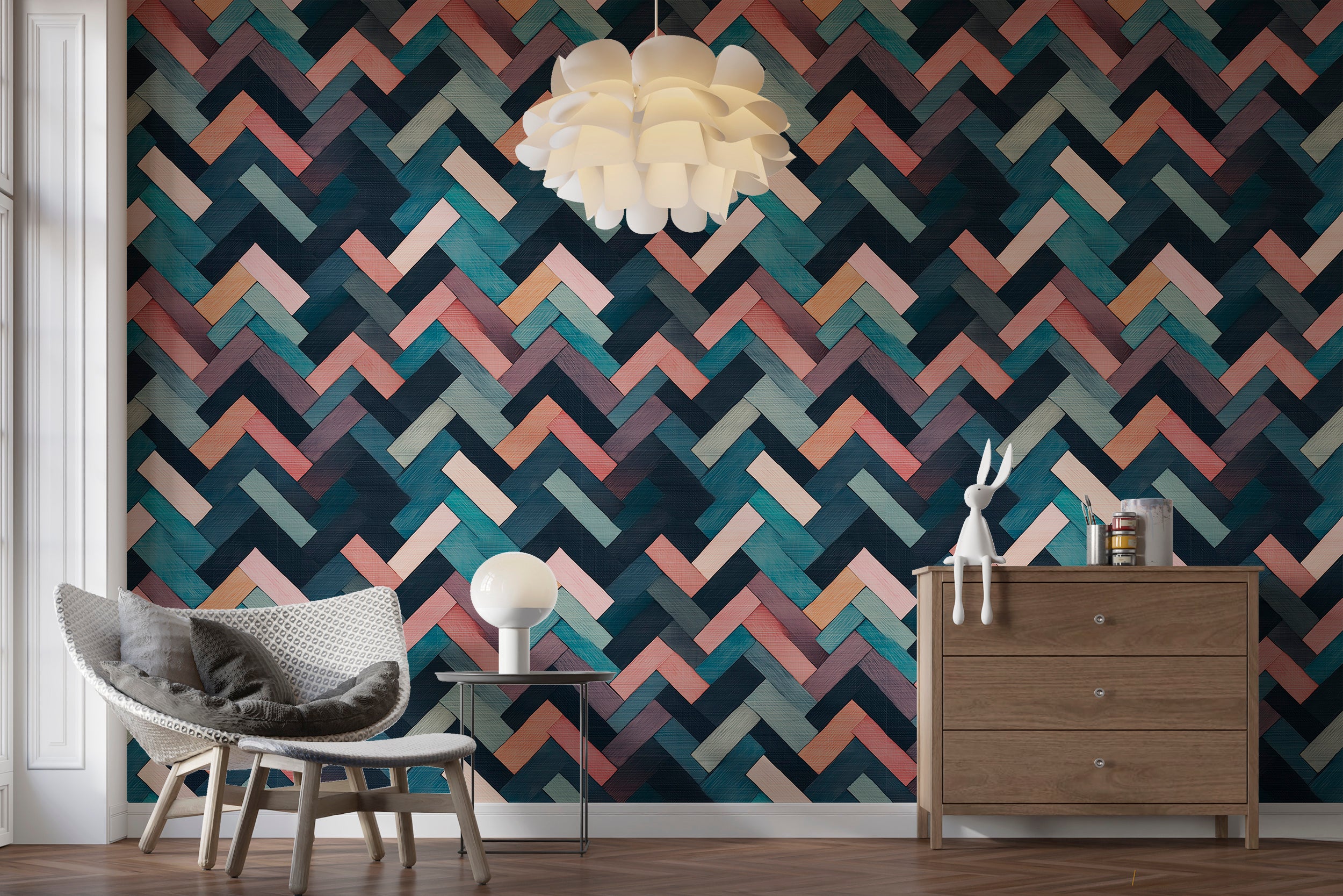 Colorful herringbone wallpaper for modern accent walls
Peel and stick pastel-colored herringbone wallpaper for chic decor