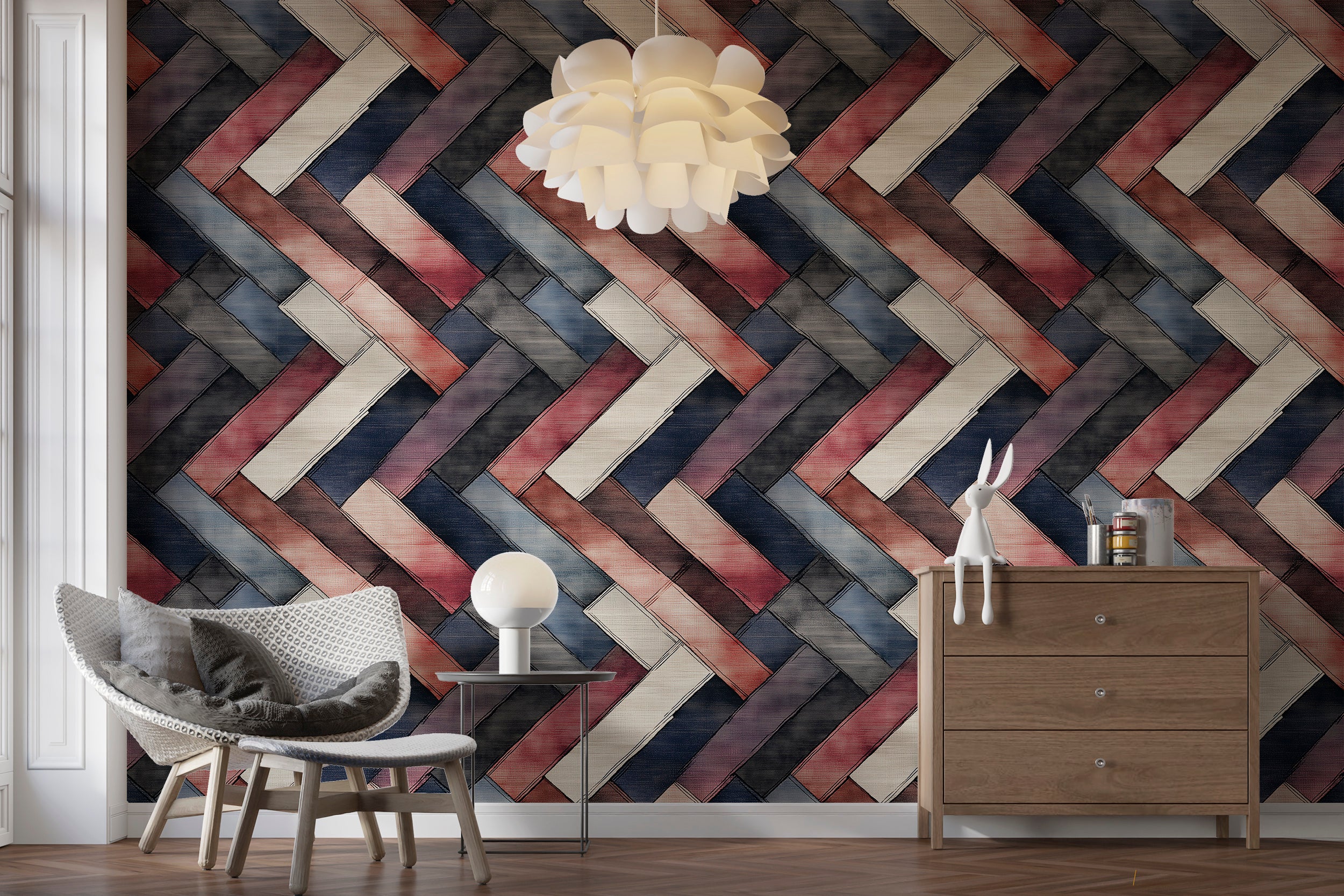 Easy-to-remove herringbone wallpaper for trendy home interiors
Dark brick accent wall wallpaper with colorful herringbone design