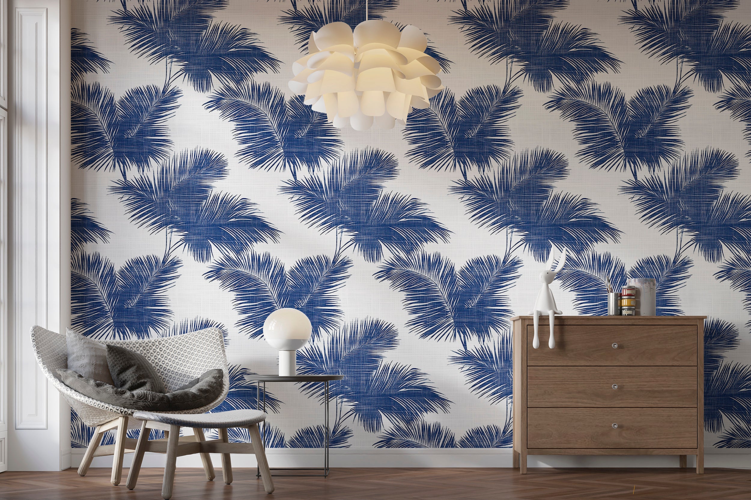 Easy-to-remove tropical wallpaper for beachy home interiors
Blue and white palm tree wallpaper for relaxed living rooms