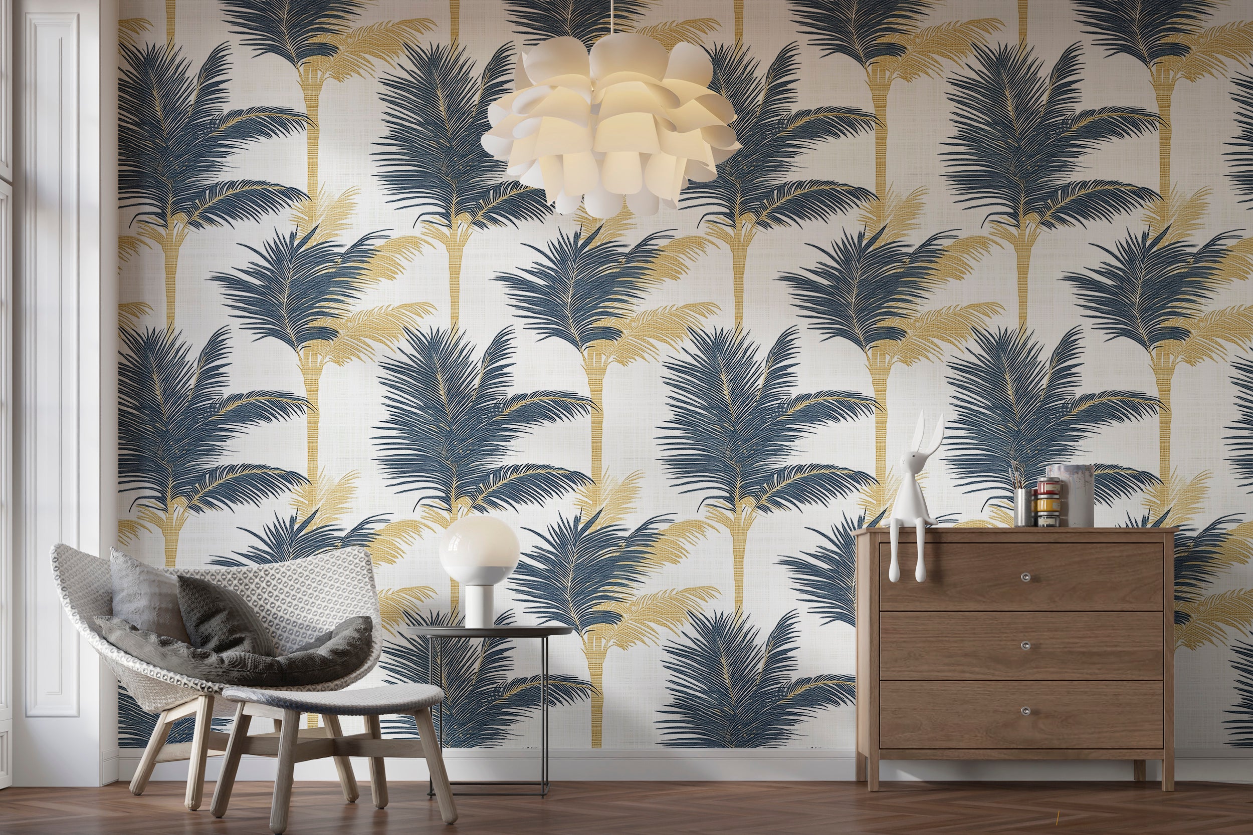 Tropical palm tree wall art with gold accents for luxury rooms
Easy-to-remove gold and blue tropical wallpaper for upscale spaces