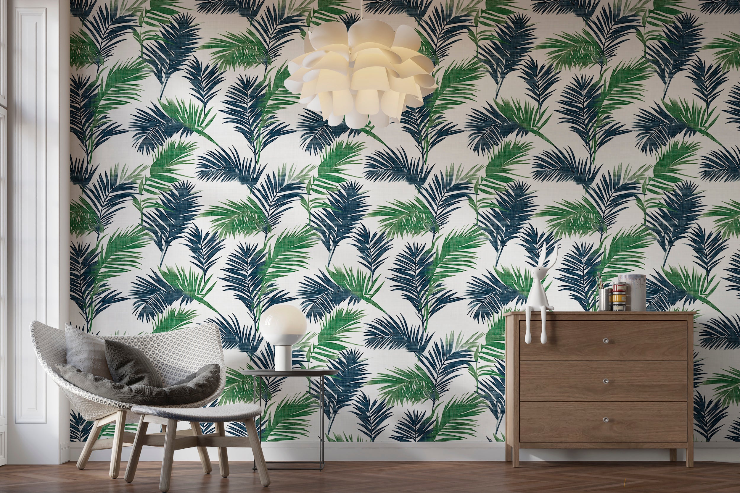 Green and blue palm leaves wallpaper for tropical decor
Peel and stick jungle botanical wallpaper for vibrant spaces