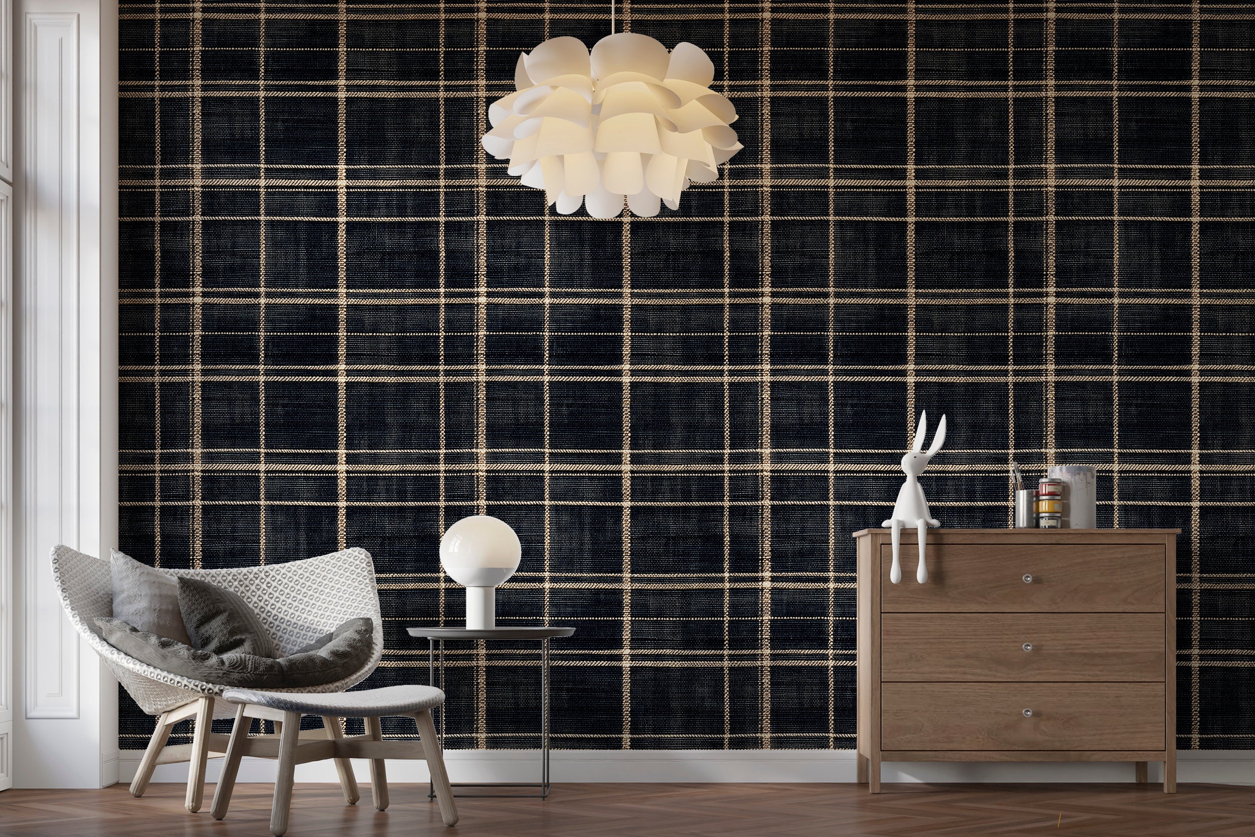 Dark navy blue and gold classic wallpaper for elegant rooms
Peel and stick geometric wallpaper with linen background and gold lines