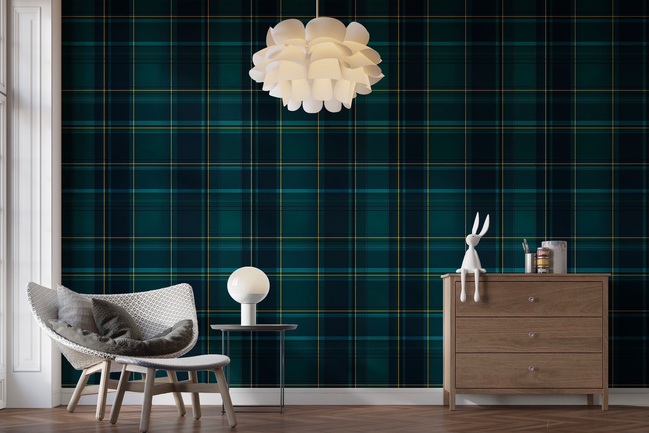 Bold tartan pattern wallpaper for cozy and sophisticated decor
Classic geometric wallpaper with tartan pattern for accent walls