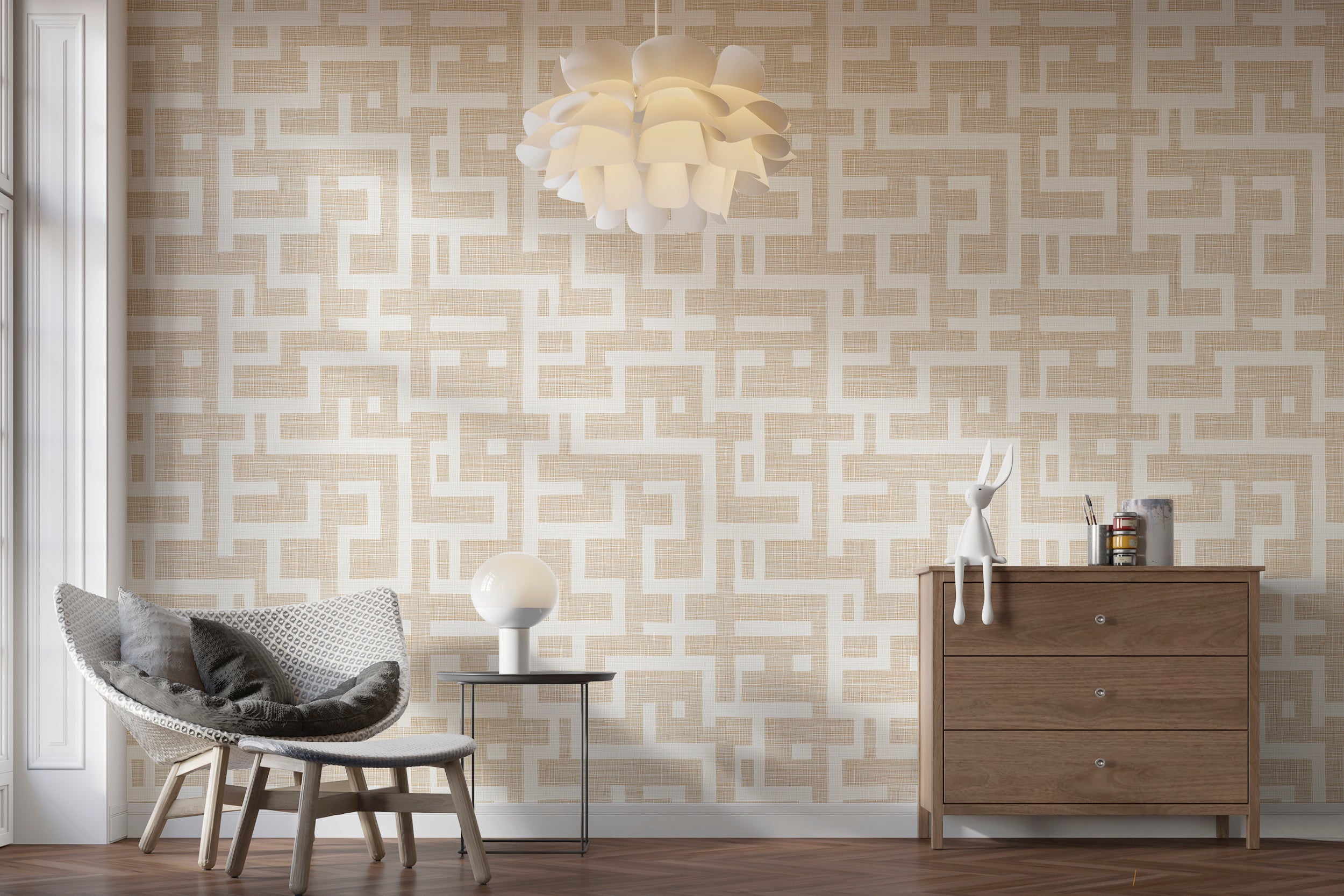 Minimalist wallpaper with light beige geometric pattern
Linen texture wallpaper in beige and white for soft accent walls