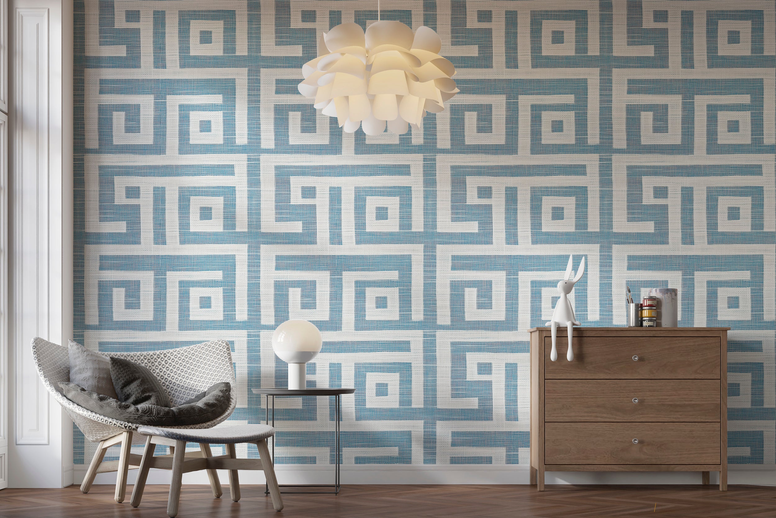 Light blue and white wallpaper for a fresh coastal look
Peel and stick Scandinavian wallpaper with Greek patterns