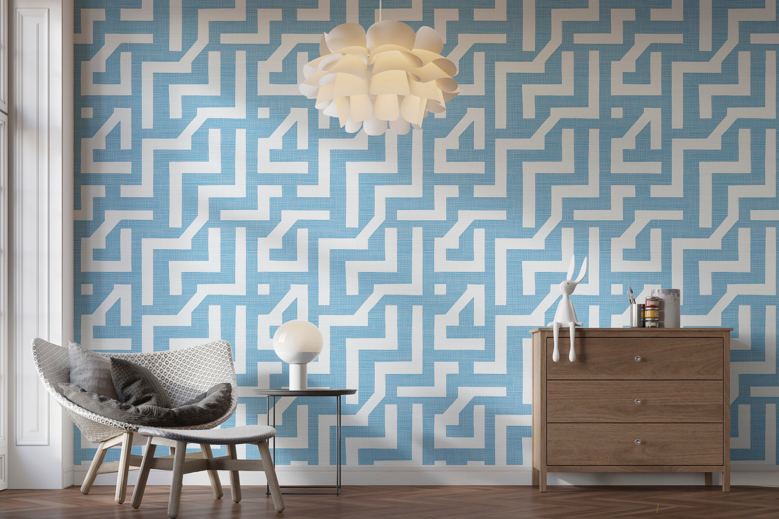 Light blue geometric wallpaper with linen texture for soft accents
Scandinavian-inspired peel and stick wallpaper with linen look