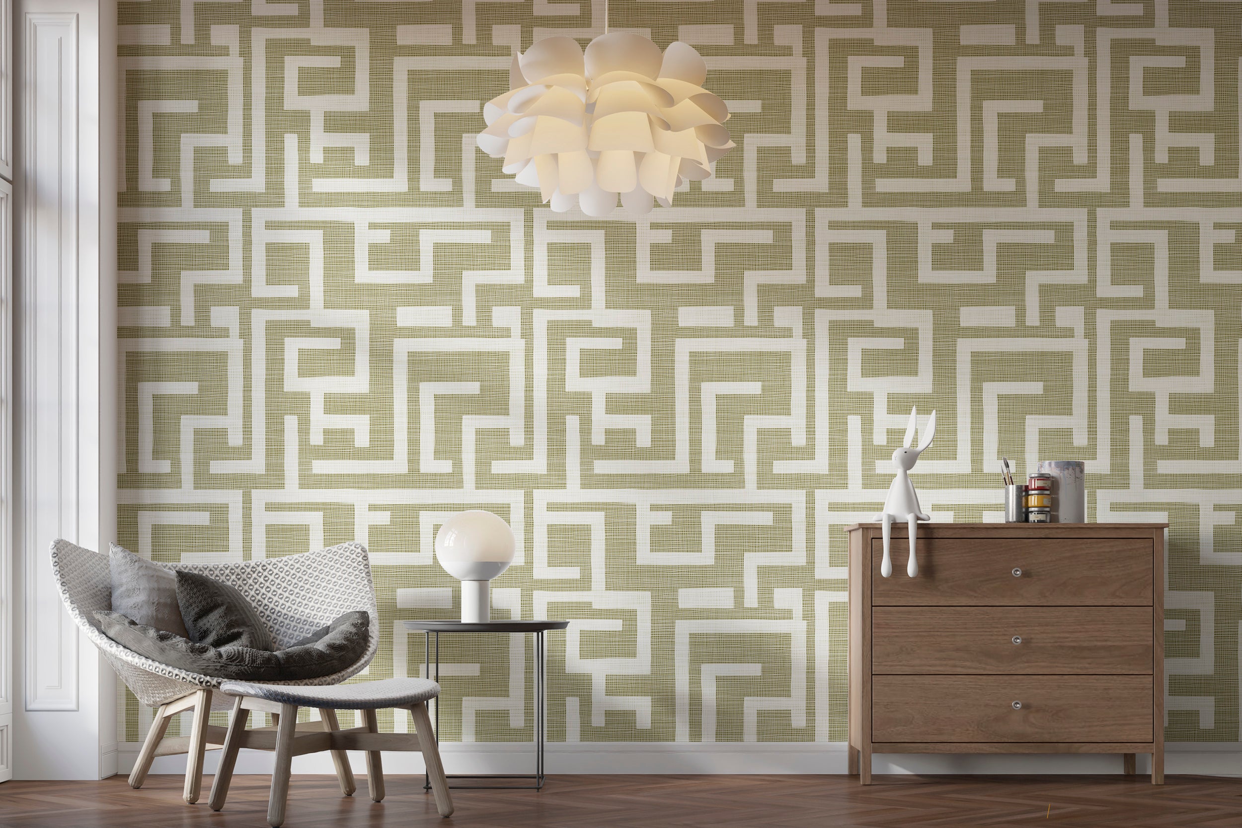 Light olive and white wallpaper for elegant wall accents
Modern geometric wallpaper with linen-inspired texture