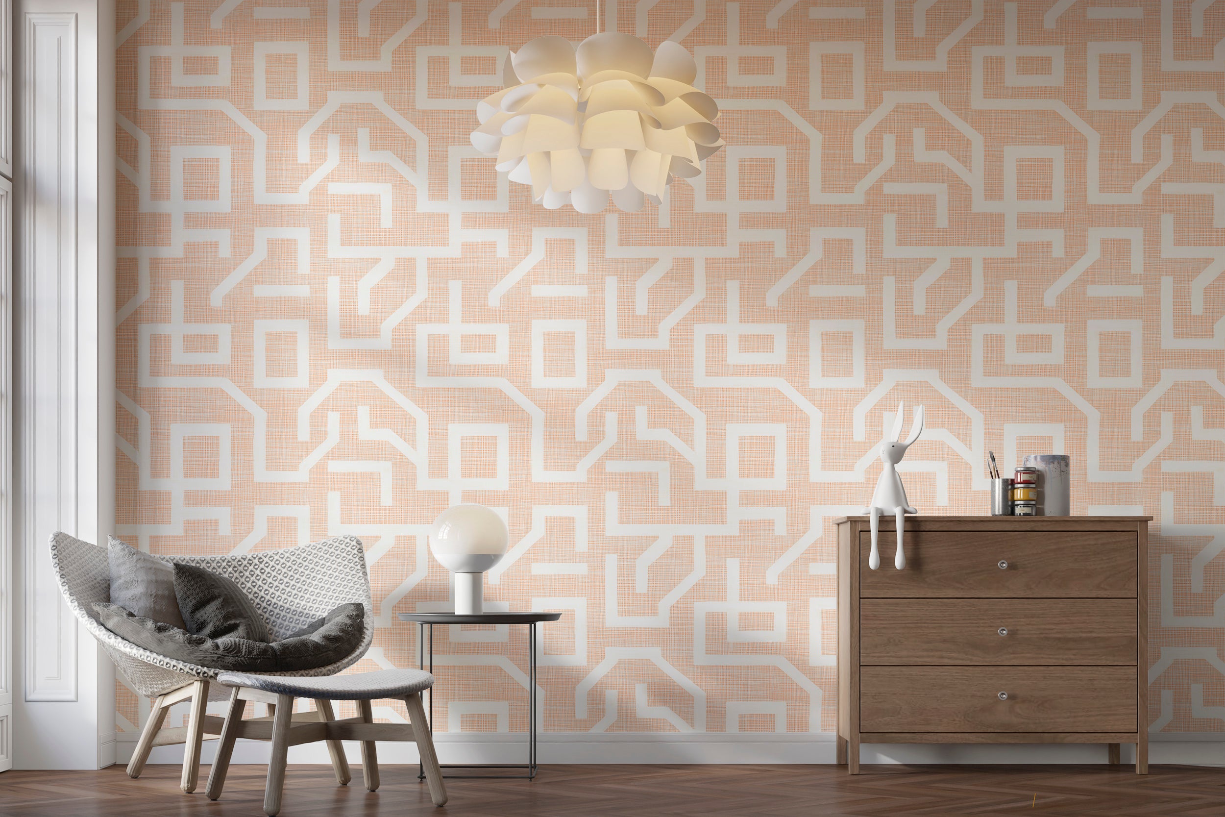 Light peach and white wallpaper for warm, neutral rooms
Linen-style peel and stick wallpaper for elegant interiors