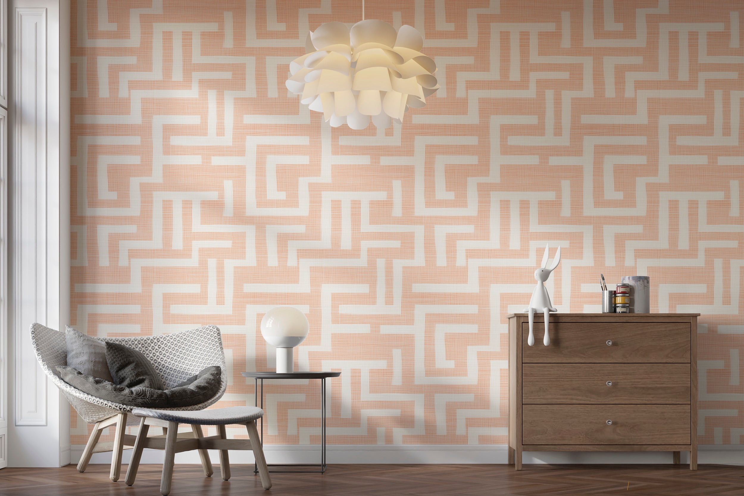 Minimalist wallpaper with peach and white line design
Peach geometric wallpaper ideal for calm accent walls