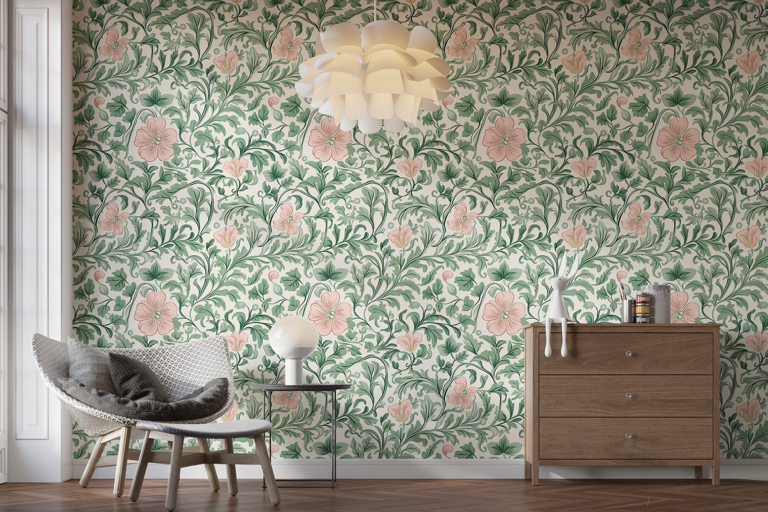 Vintage botanical wallpaper ideal for living rooms and bedrooms
Soft green foliage wallpaper with pink floral accents