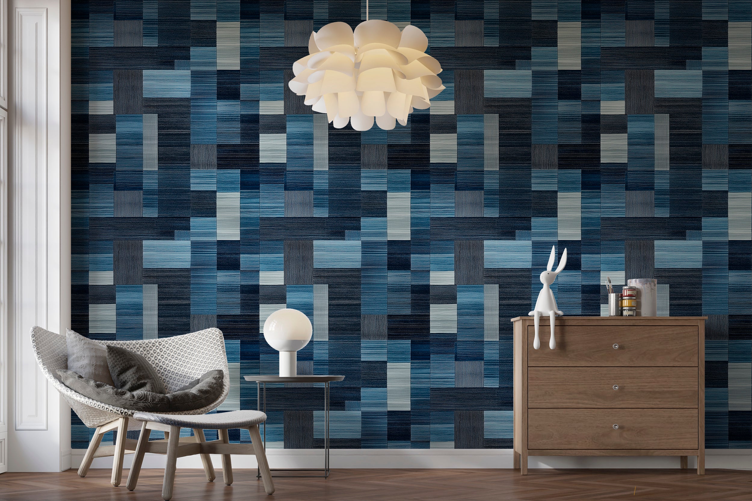 Dark Blue and Grey Squares Contemporary Wallpaper, Peel and Stick Geometric Scandinavian Wallpaper