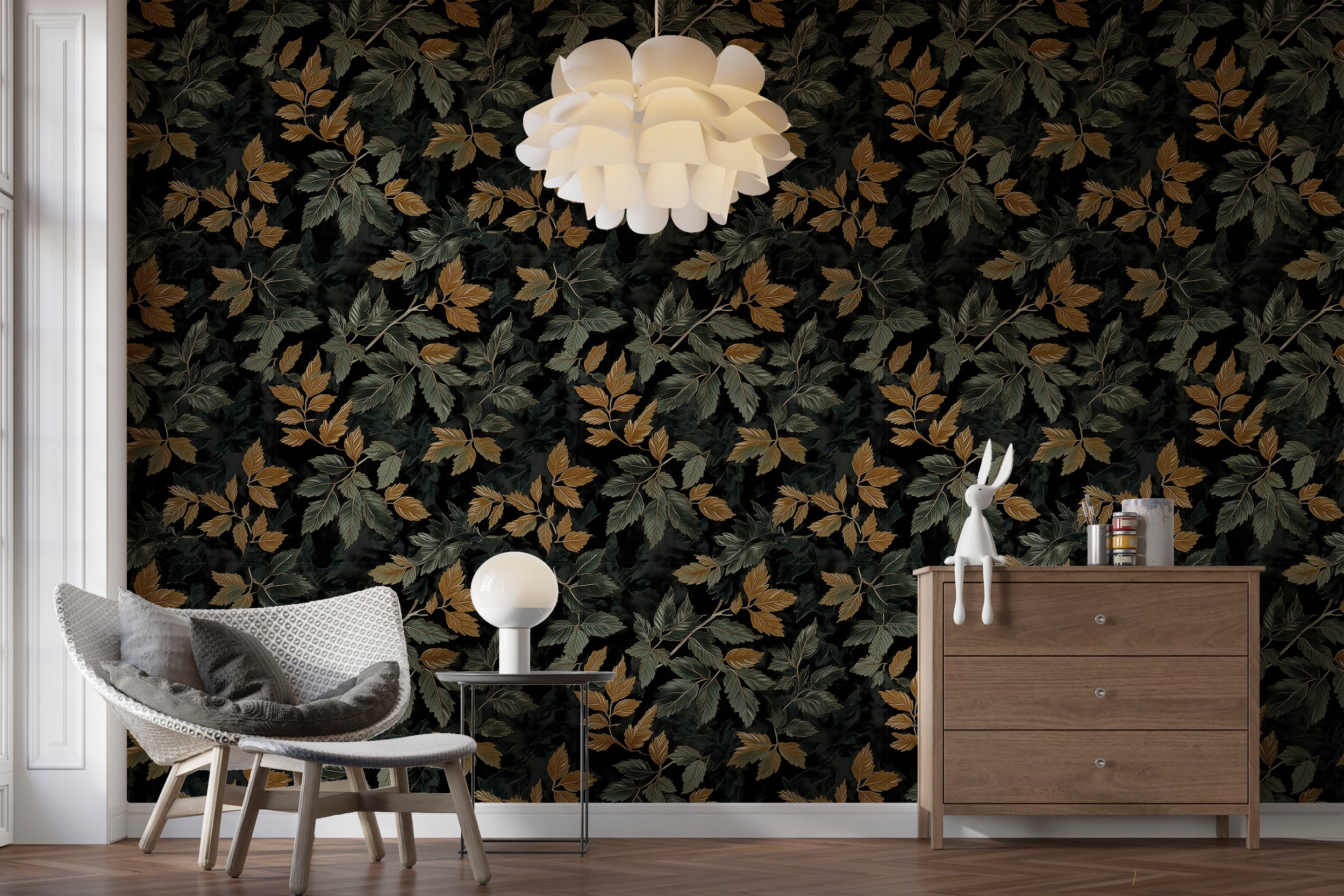 Botanical wallpaper ideal for bedrooms or living rooms
Dark green peel and stick wallpaper for nature-inspired decor