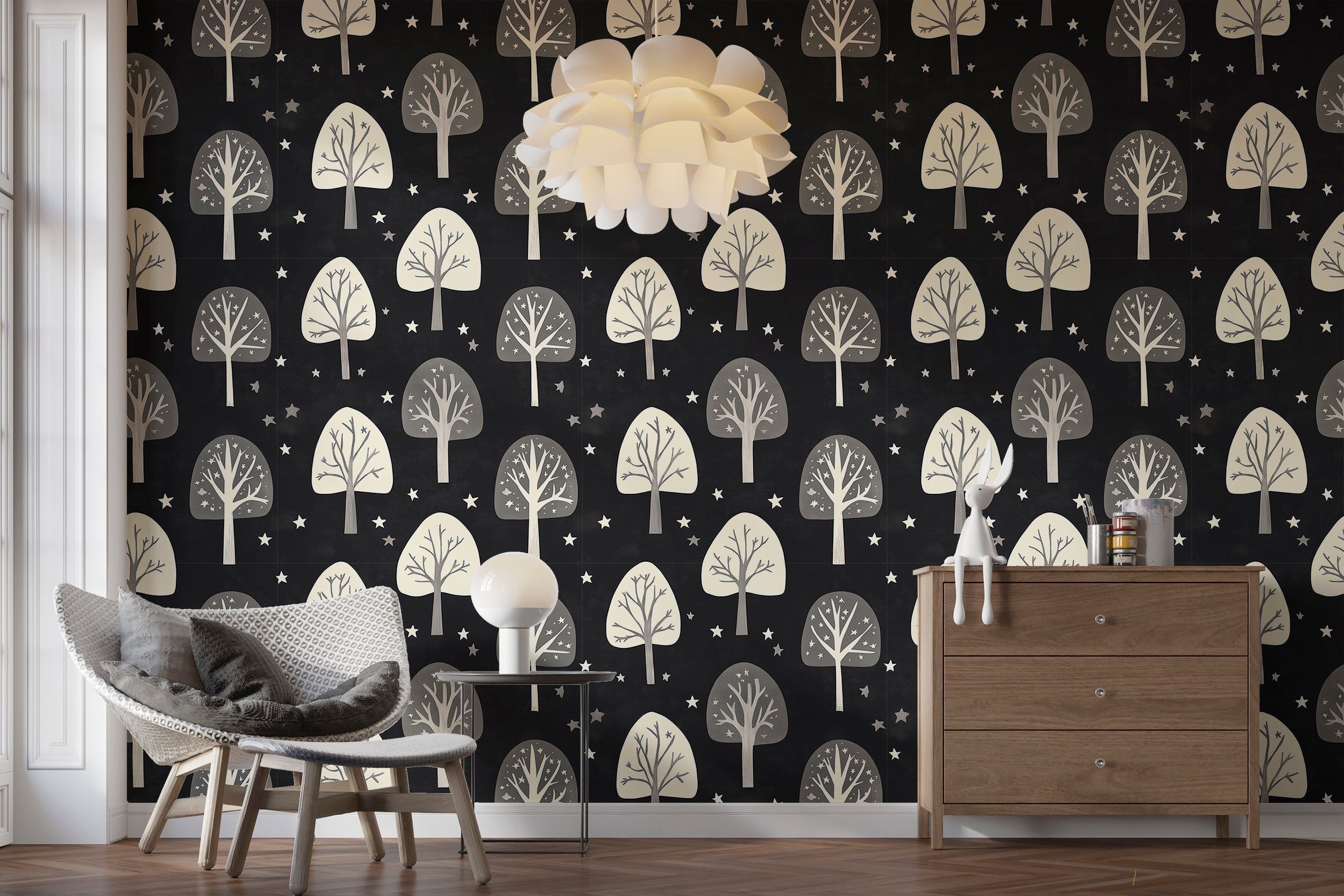 Dark forest wallpaper with beige trees and night sky theme
Peel and stick wallpaper with forest and stars design