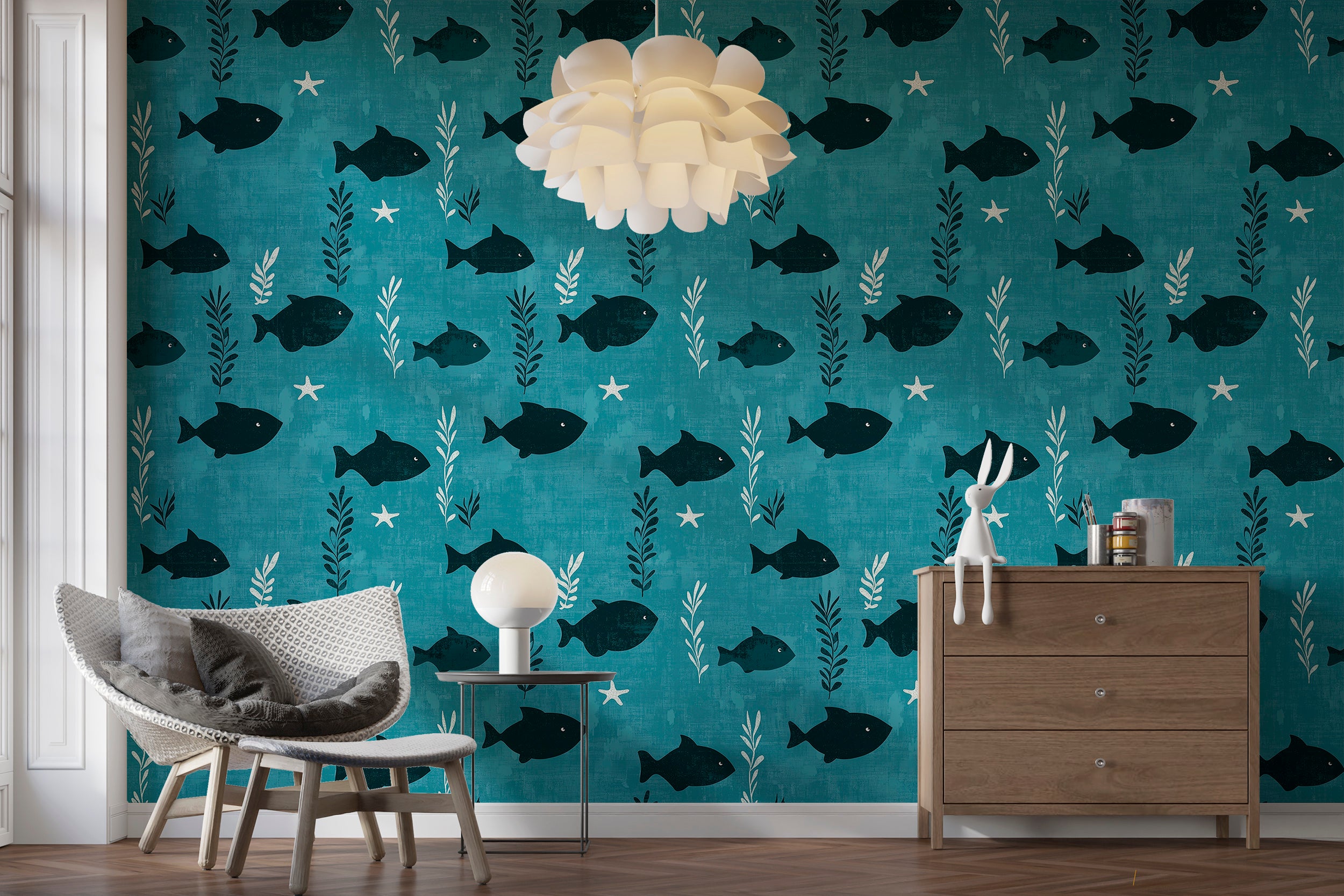 Dark Teal Fish Pattern Wallpaper, Peel and Stick Underwater Life Wallpaper, Nursery Fish and Stars Nautical Wall Decor