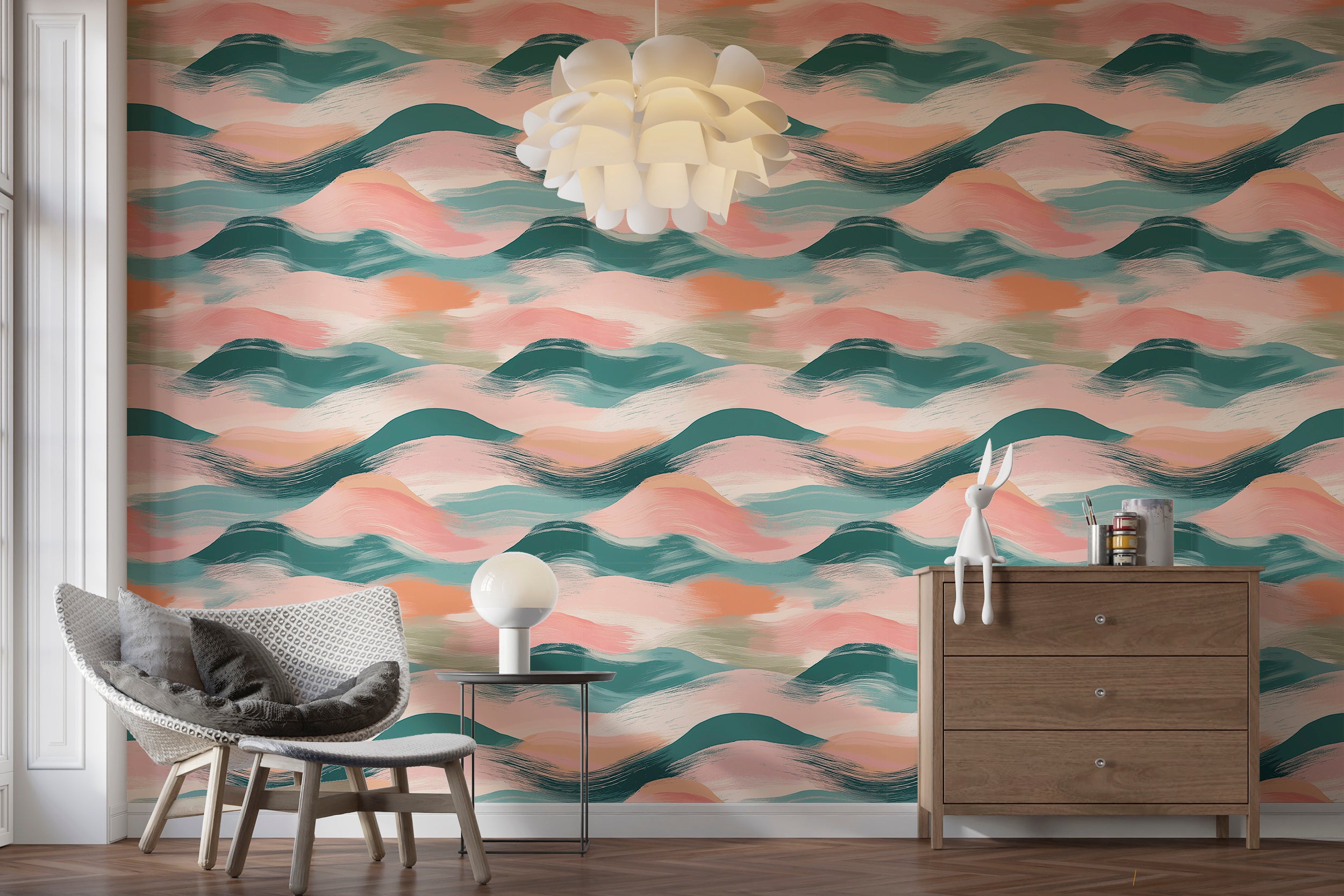 Peel and stick brushed line art wallpaper in pastel tones
Wavy pattern wallpaper for playful wall decor