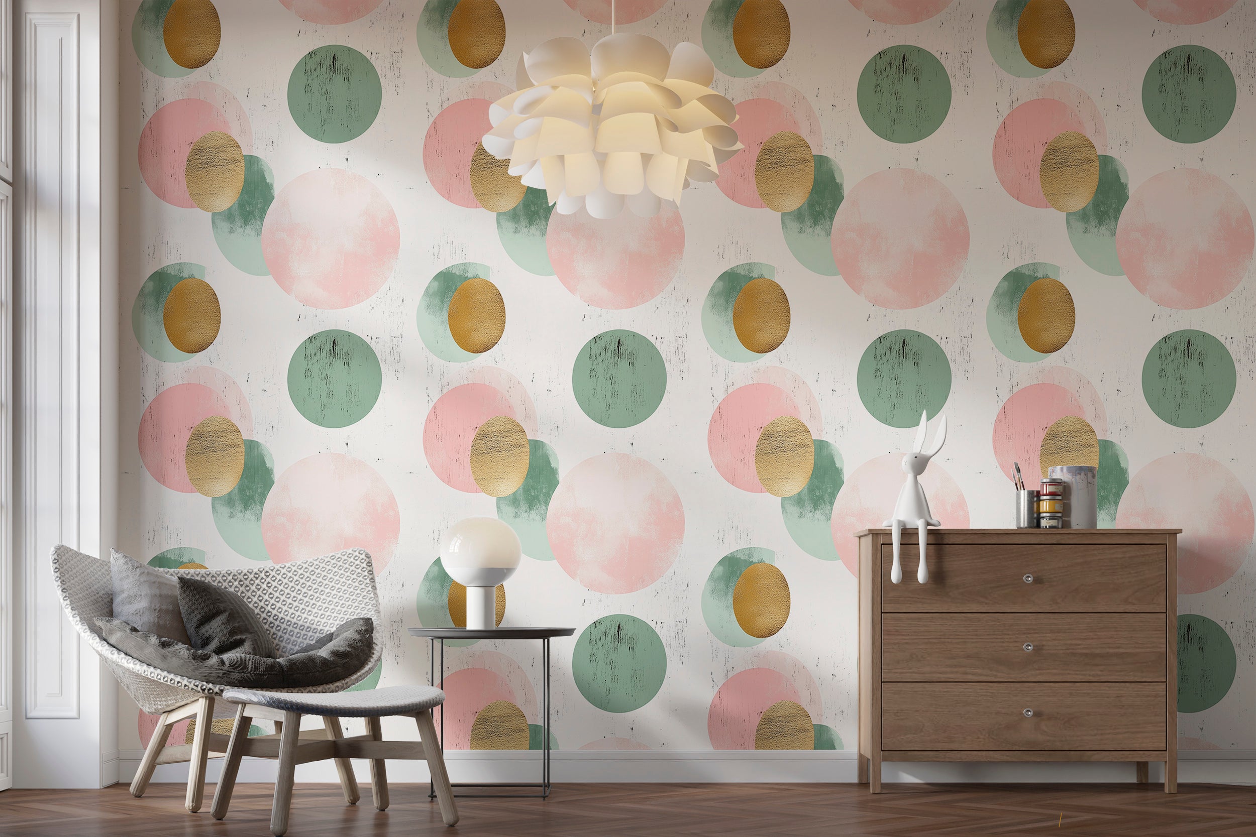 Pink and green wallpaper with gold accents for chic decor
Peel and stick geometric wallpaper for living room walls