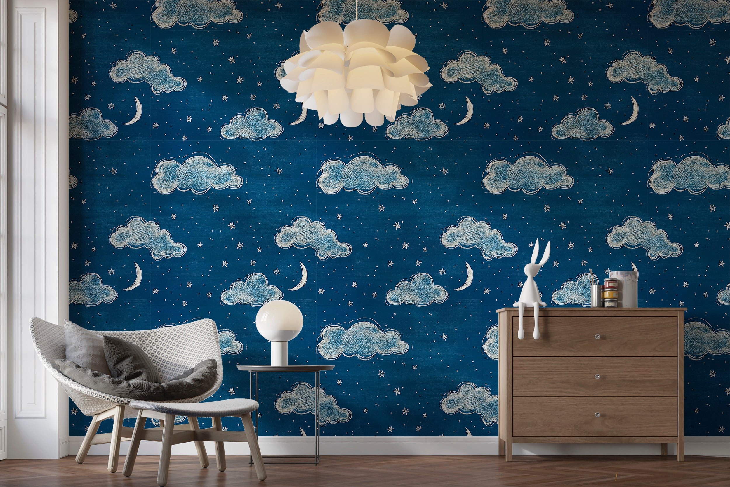 Peel and stick starry night wallpaper for calming decor
Nursery wallpaper with dark blue starry design