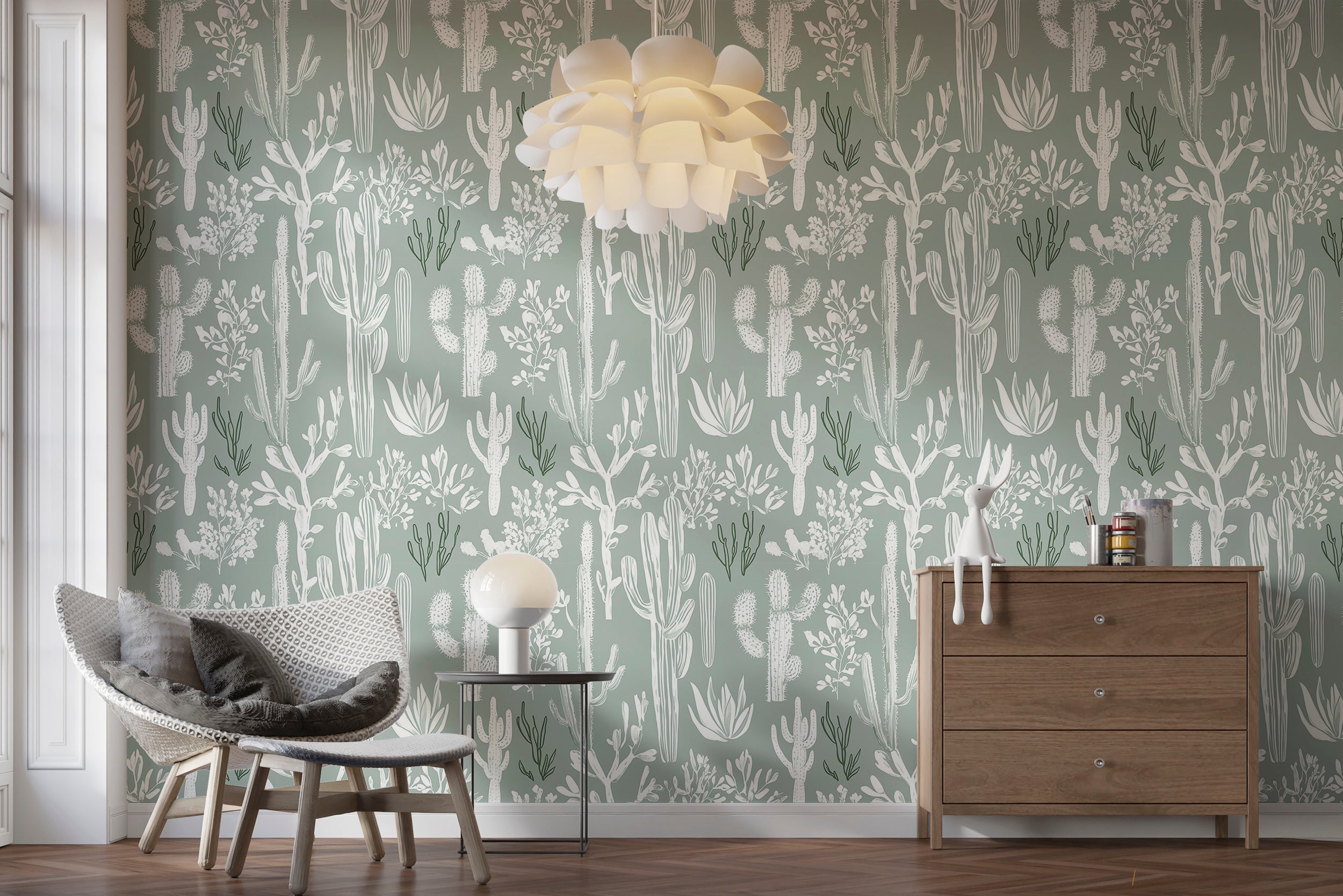 Botanical wallpaper with muted green cactus design
Peel and stick wallpaper for nature-inspired decor