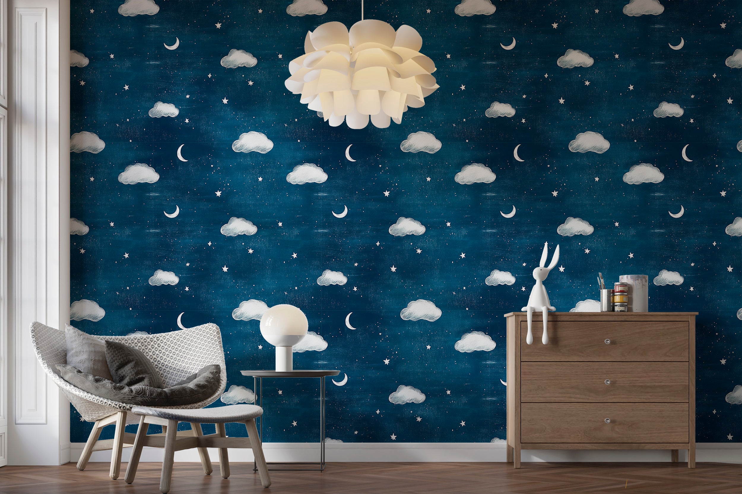 Celestial wall covering for whimsical bedroom decor
Easy-to-remove wallpaper with star and cloud patterns