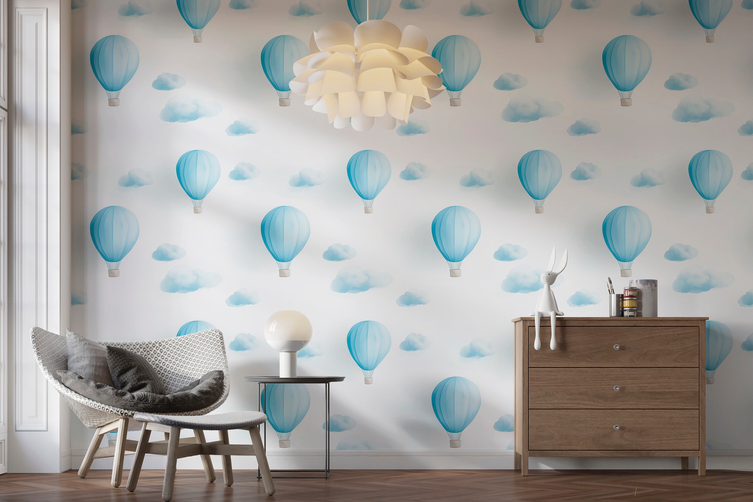 Nursery wallpaper with minimalist balloon and cloud design
Soft blue and white wallpaper perfect for dreamy spaces