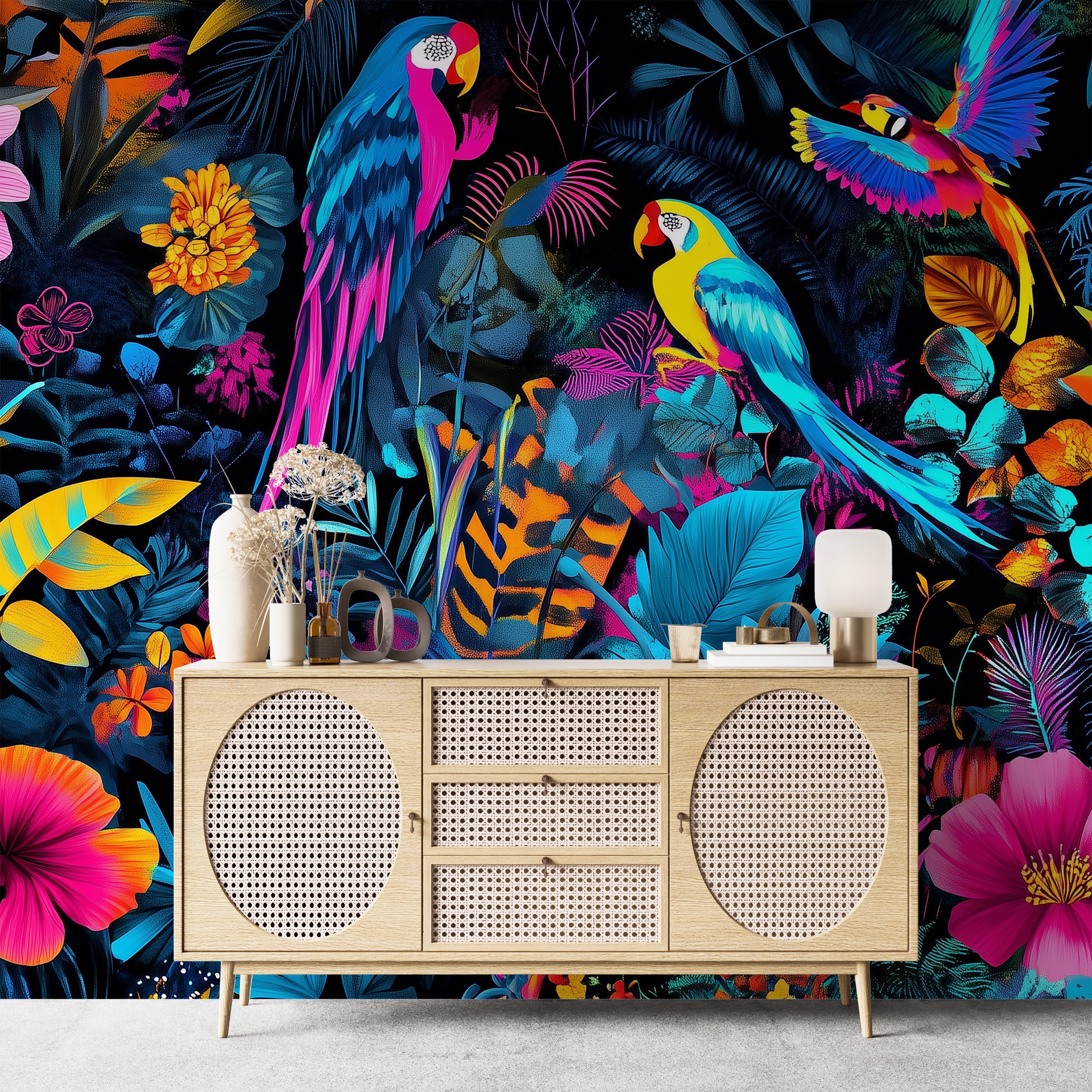 Multi-color tropical wallpaper with parrots and leaves.
Neon rainforest peel-and-stick accent wall mural.