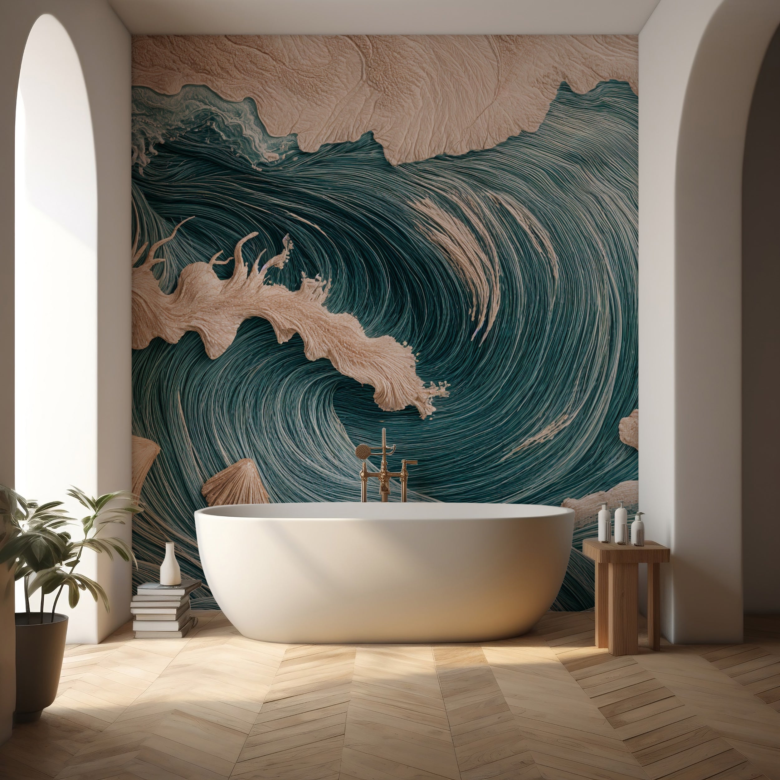 Nautical theme wall decor with ocean patterns.
Serene blue sea wallpaper with abstract waves.