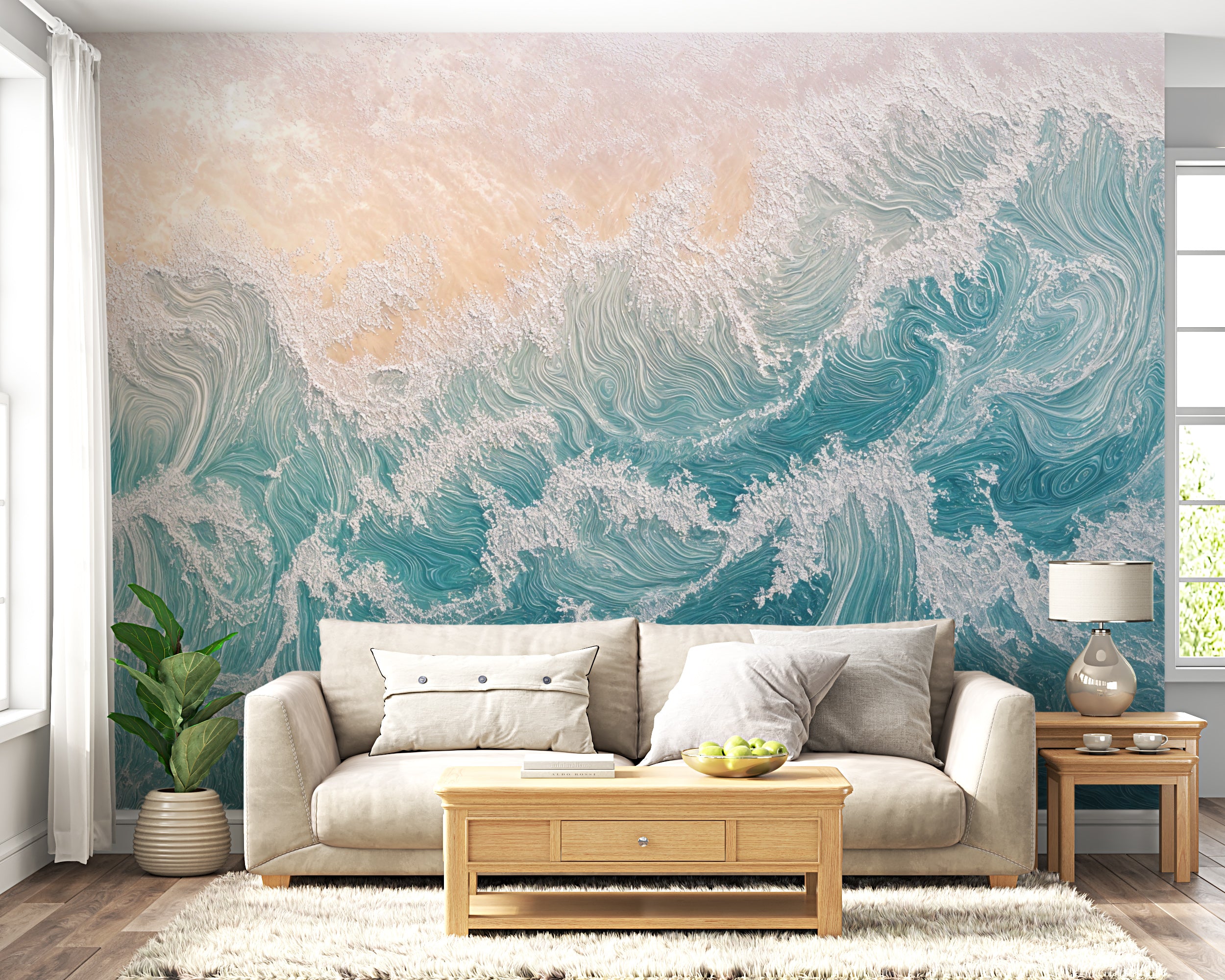 Ocean waves wallpaper with tropical paradise vibes.
Tranquil beach scene removable wall mural.