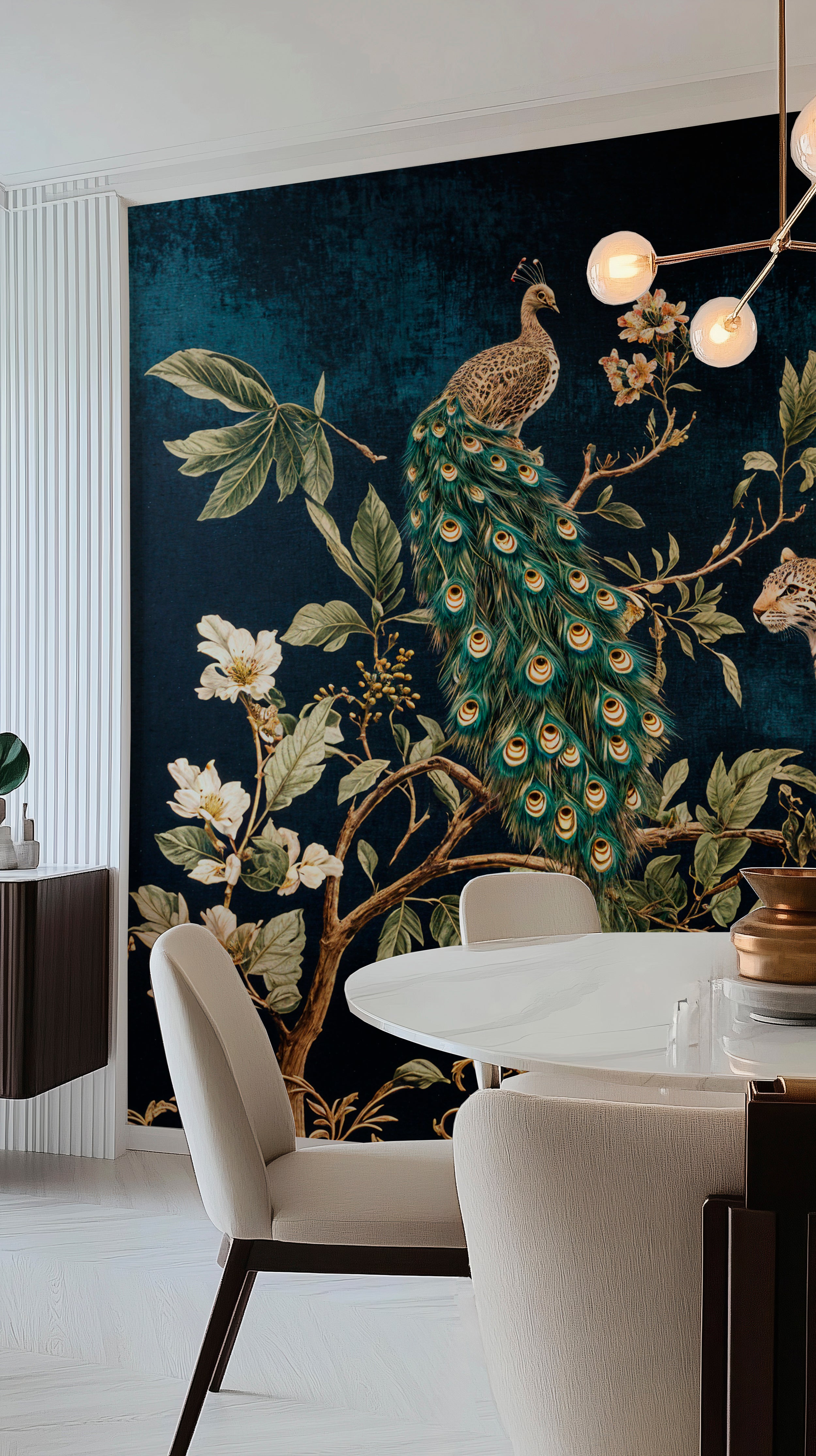 Elegant chinoiserie-style wallpaper for accent walls.
Dark botanical wallpaper with vintage peacock art.