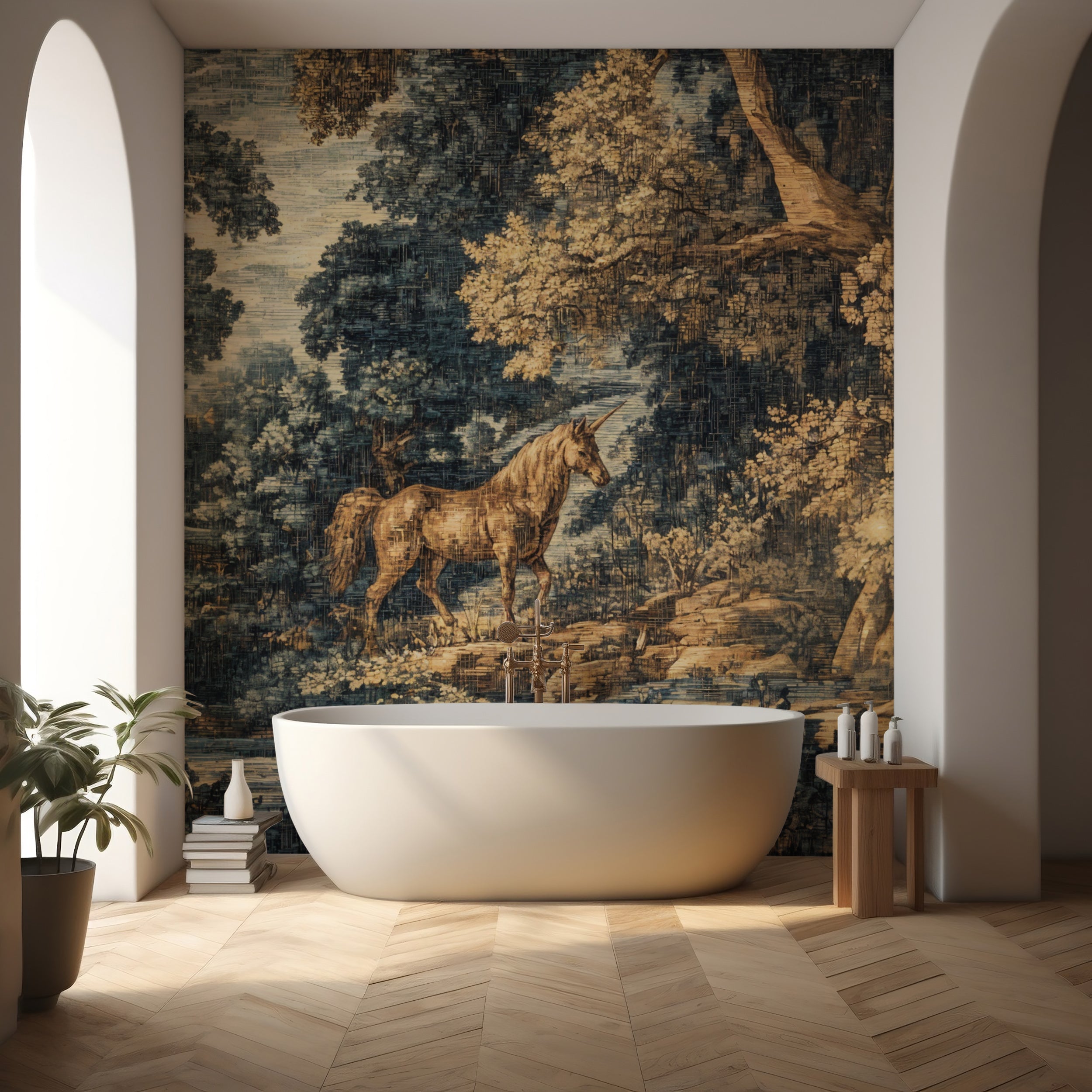 Fantasy woodland mural in golden tones.
Whimsical unicorn forest wallpaper for accent walls.