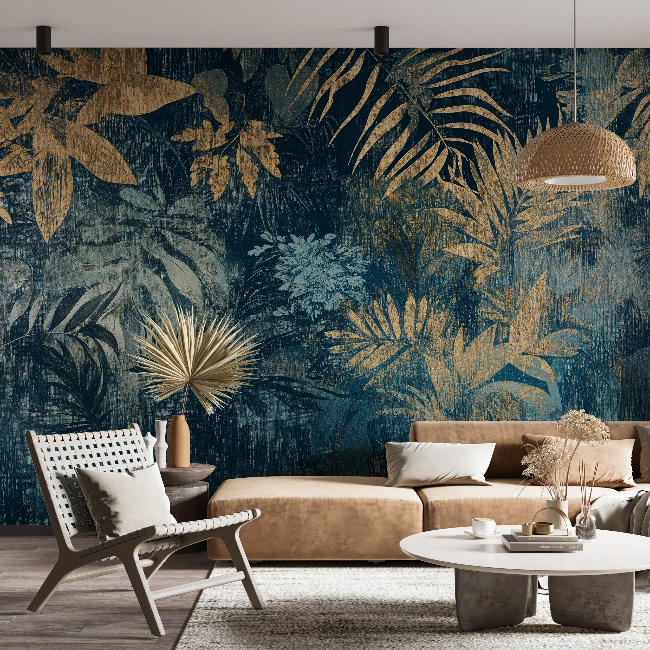 Dark blue and gold vintage botanical wallpaper.
Peel-and-stick jungle mural with washed-out effect.