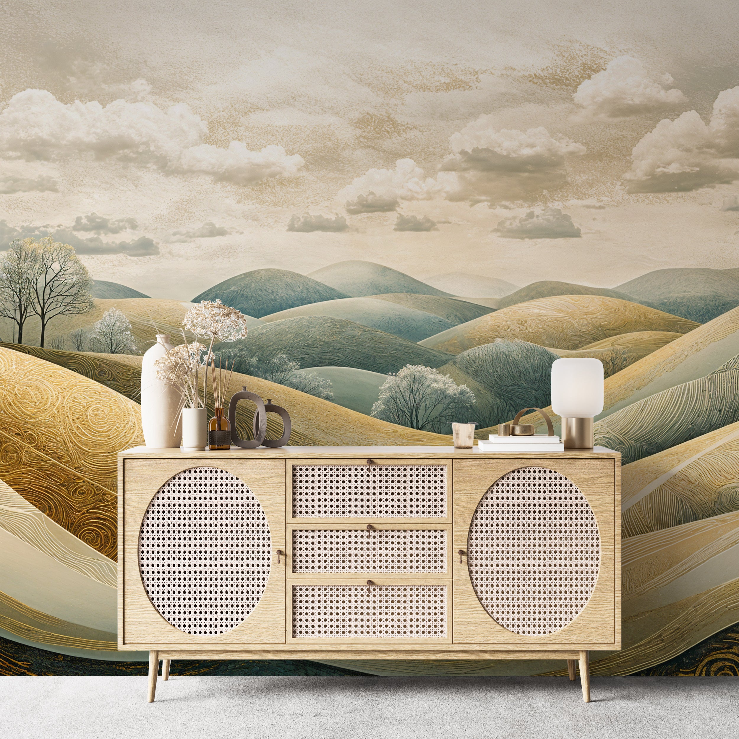 Highly detailed meadow hills wall mural.
Peel-and-stick scenic wallpaper with rolling hills.