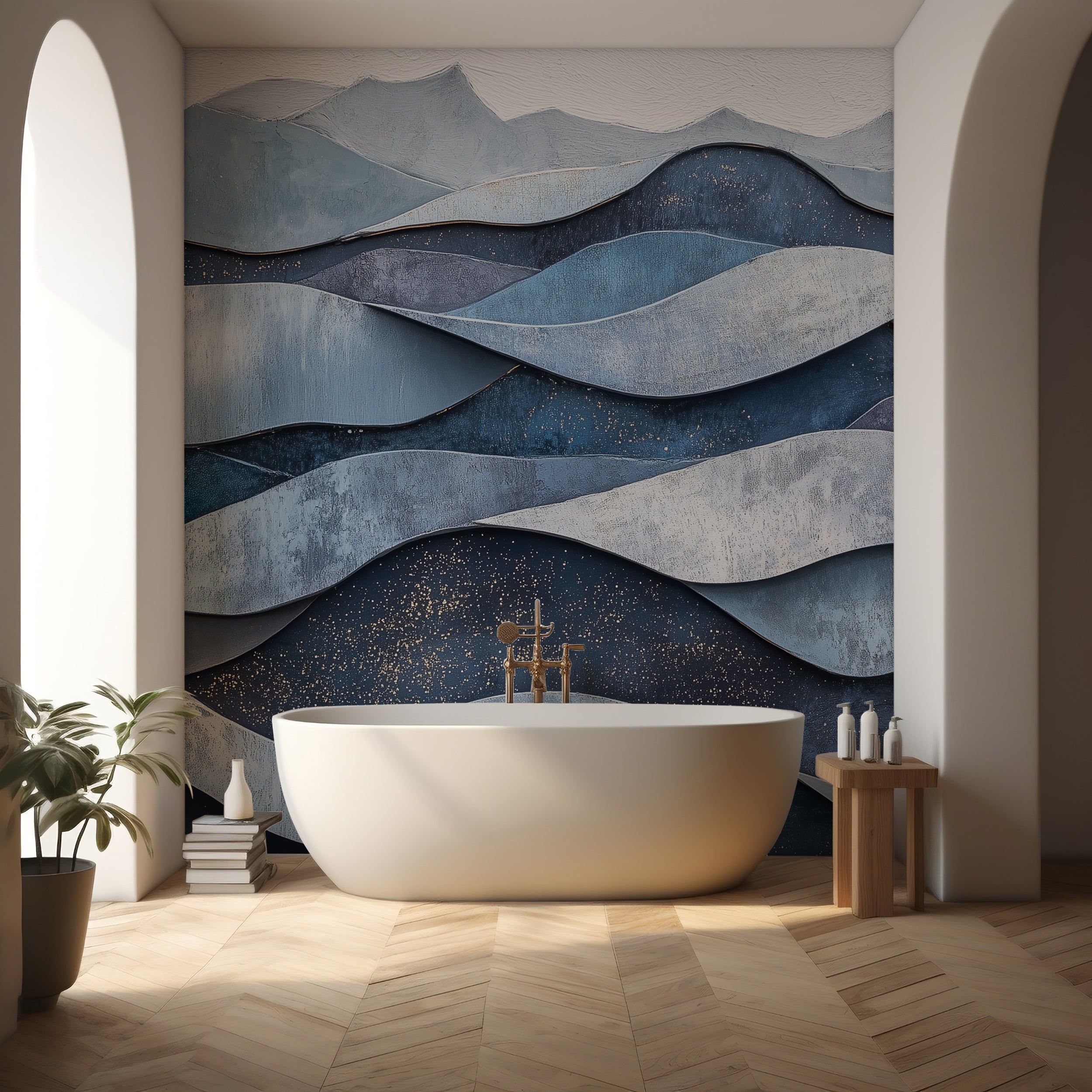 Blue wavy wall mural with abstract line art.
Peel-and-stick modern geometry wallpaper.