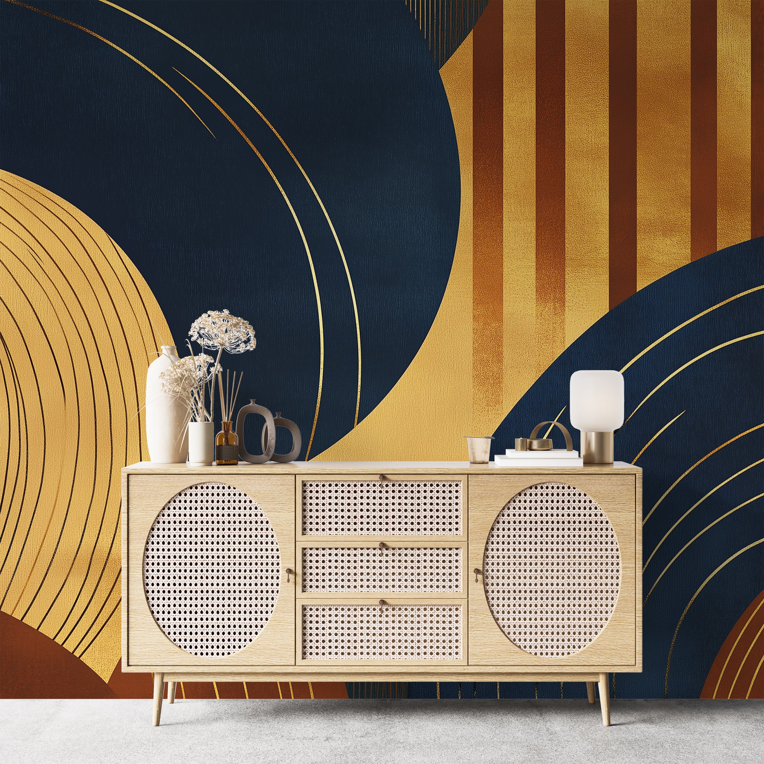 Non-woven removable retro modern mural.
Geometric wall art for stylish interiors.