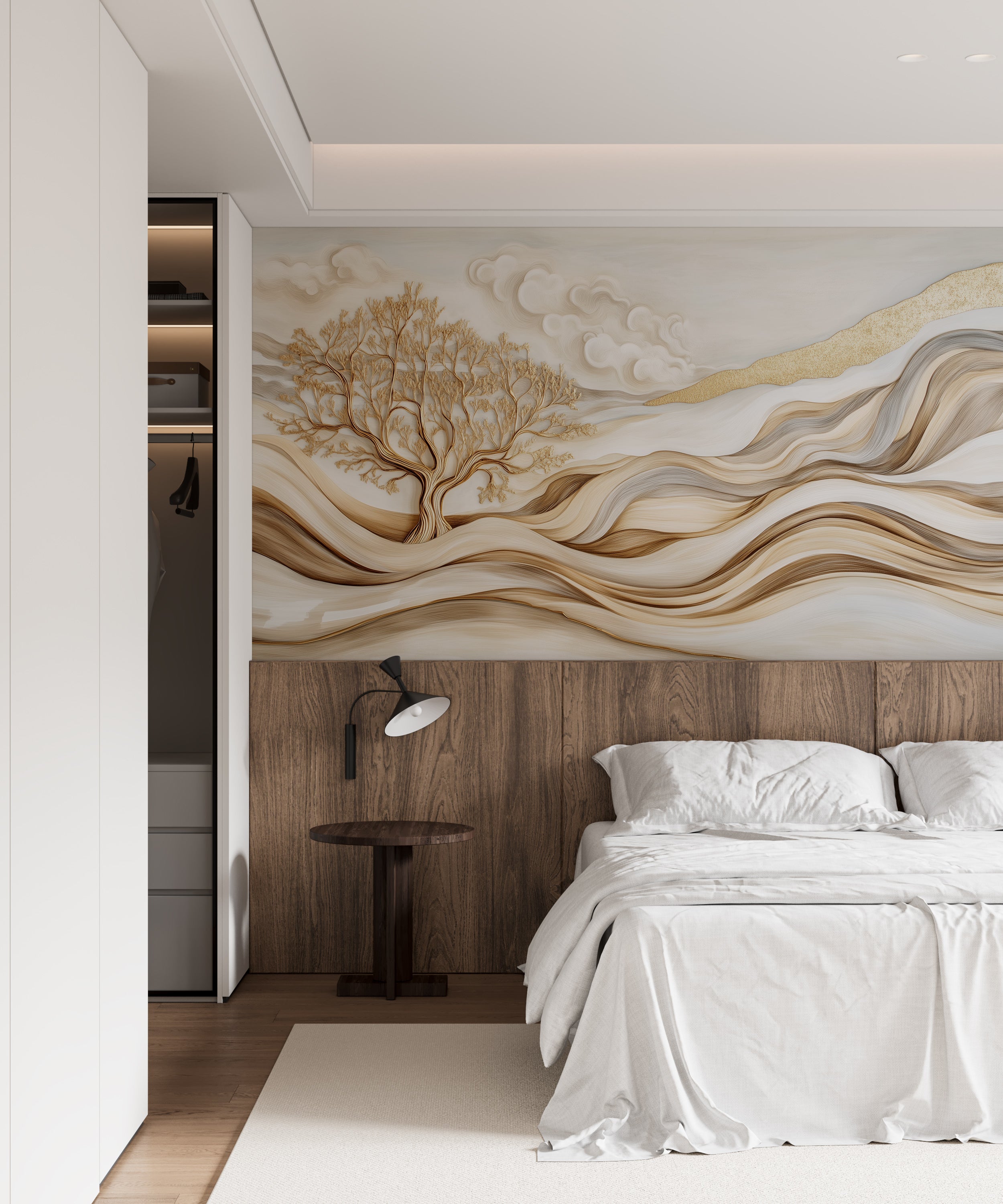 Elegant gold and beige tree wall mural.
Contemporary neutral field-inspired wallpaper.