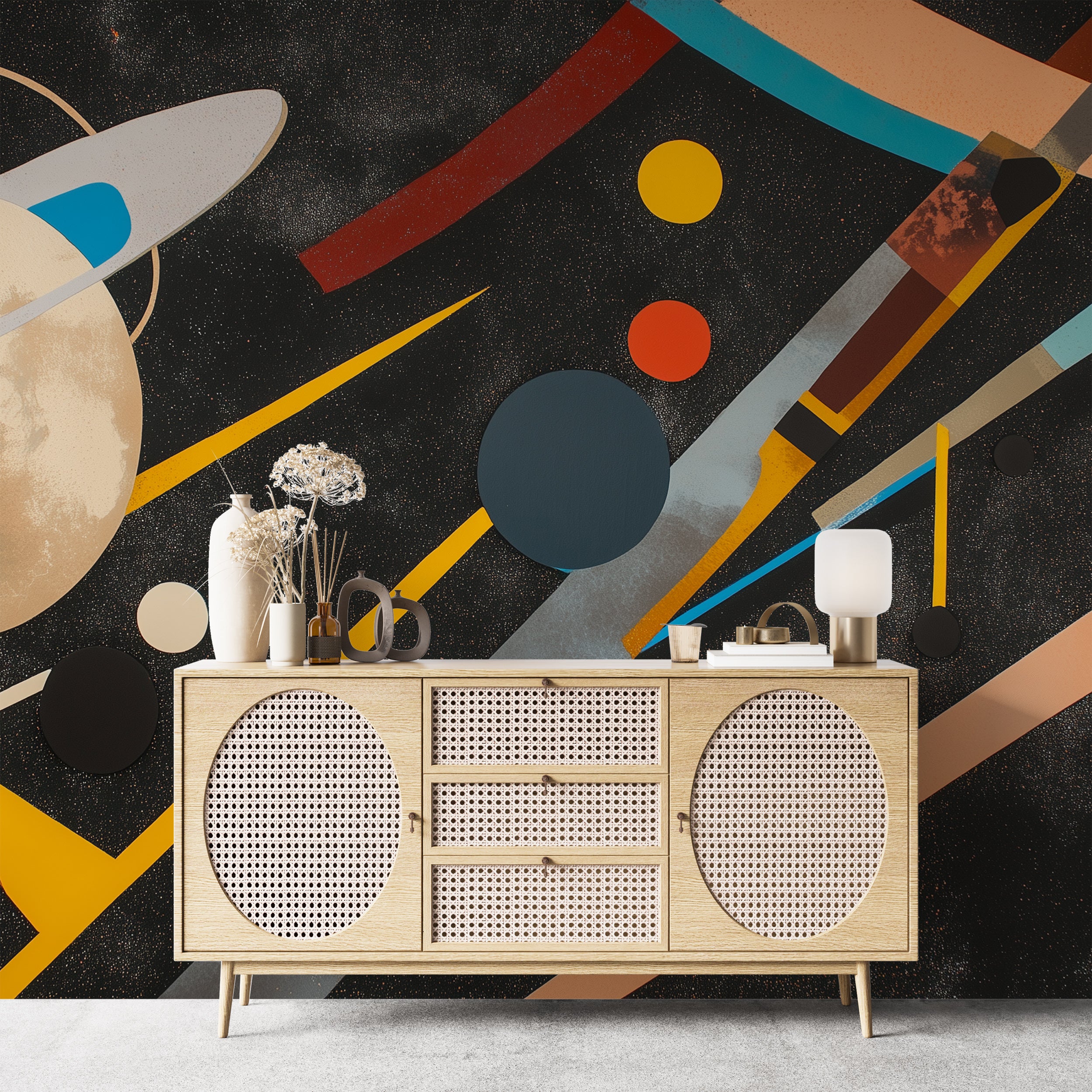 Removable galaxy-inspired wall art.
Outer space wallpaper with colorful celestial bodies.