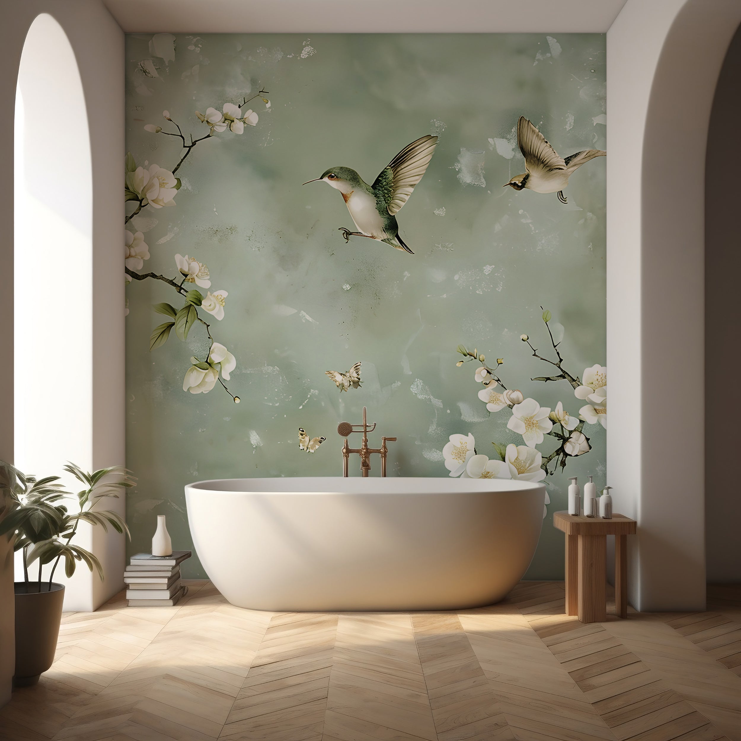 Soft Green Chinoiserie Floral Wallpaper Peel and Stick Pastel Flowers and Birds Wall Mural